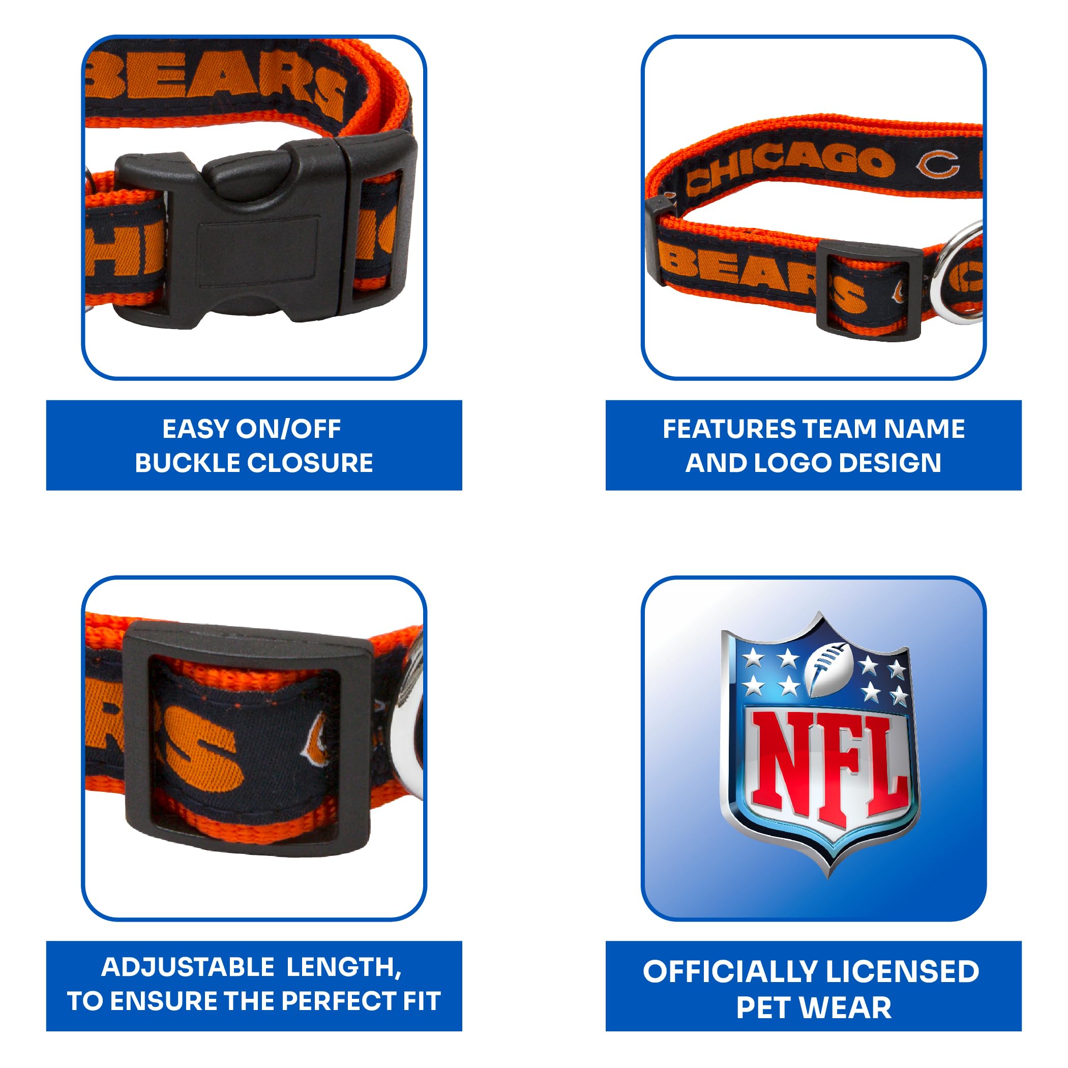Pets First NFL Chicago Cubs Licensed PET COLLAR, Large - Heavy-Duty, Strong, and Durable Dog Collar. Available in 31 Football Te