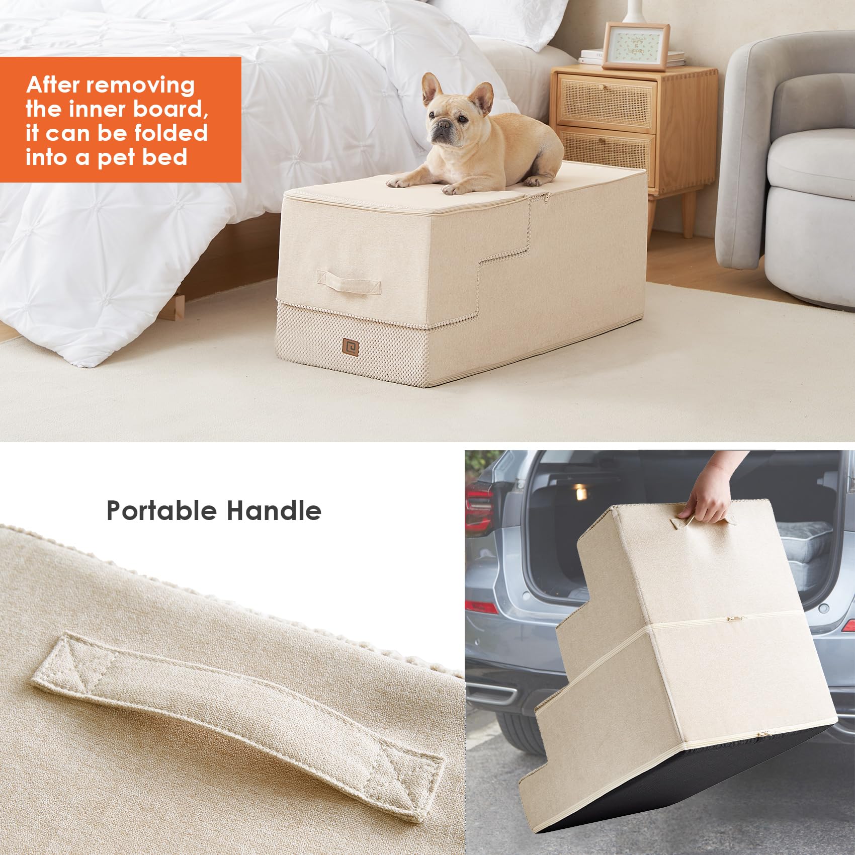 Eheyciga Dog Stairs For High Bed 25”H, 5-Step Extra Wide Dog Steps For Bed, Pet Steps For Small Dogs And Cats, Non-Slip Balanced Dog Indoor Ramp, Beige