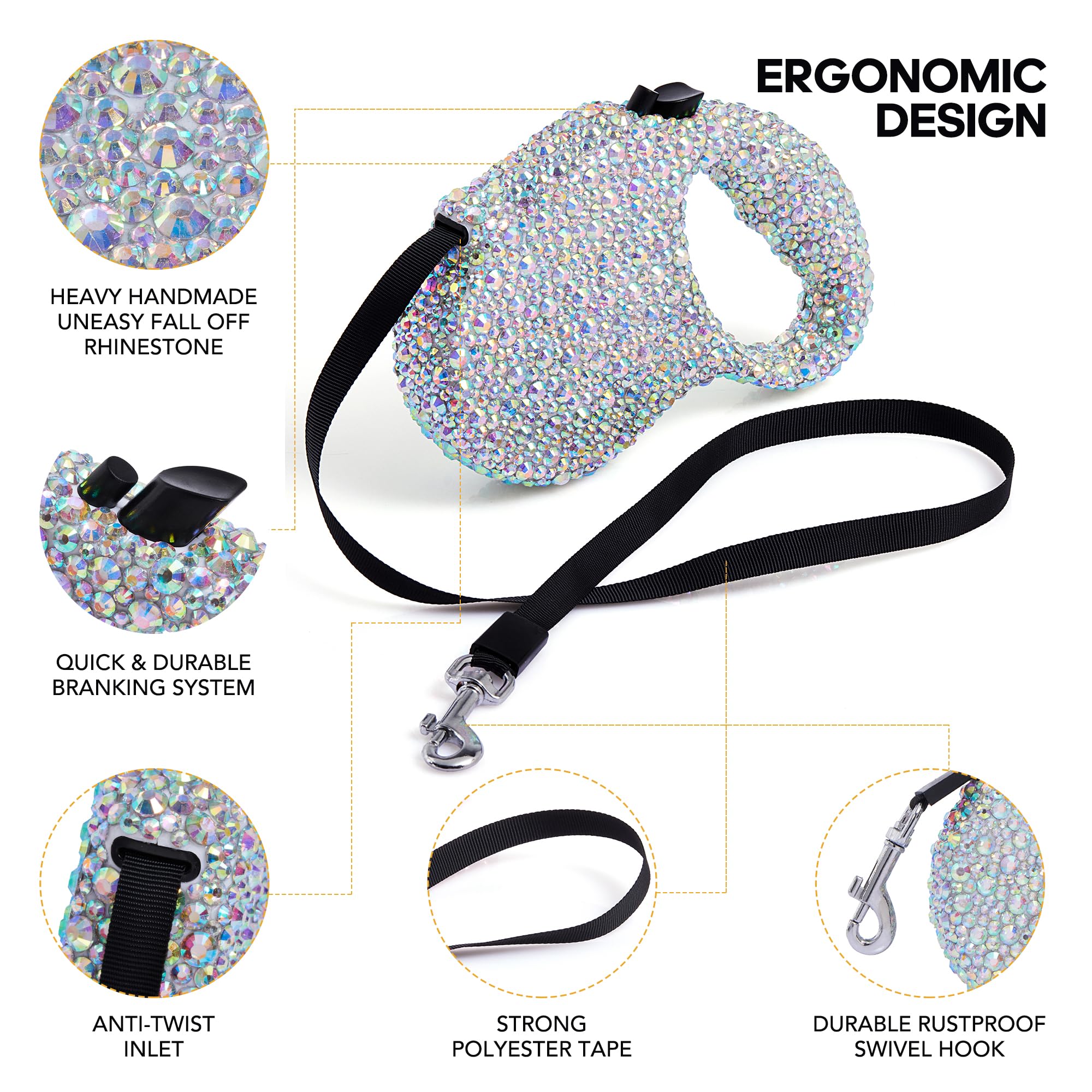 Sparkling Retractable Dog Leash,Rhinestone Pet Walking Leash For Small Medium Dog Cat,Bling Small Puppy Leash,Durable 16 Ft Stro