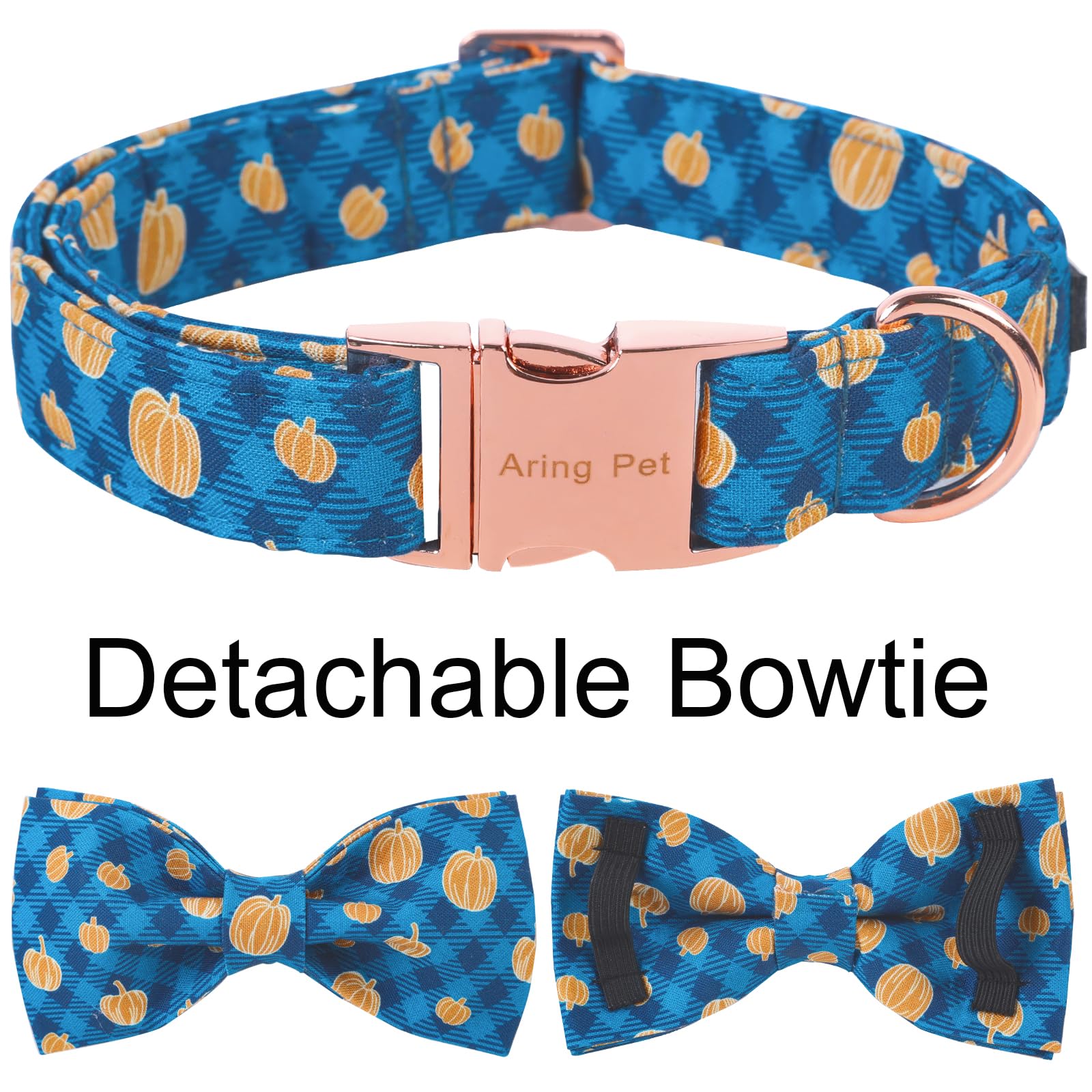Aring Pet Halloween Dog Collar, Cotton Plaid Pumpkin Dog Collar With Bow, Adjustable Halloween Pumpkin Dog Collars With Metal Buckle