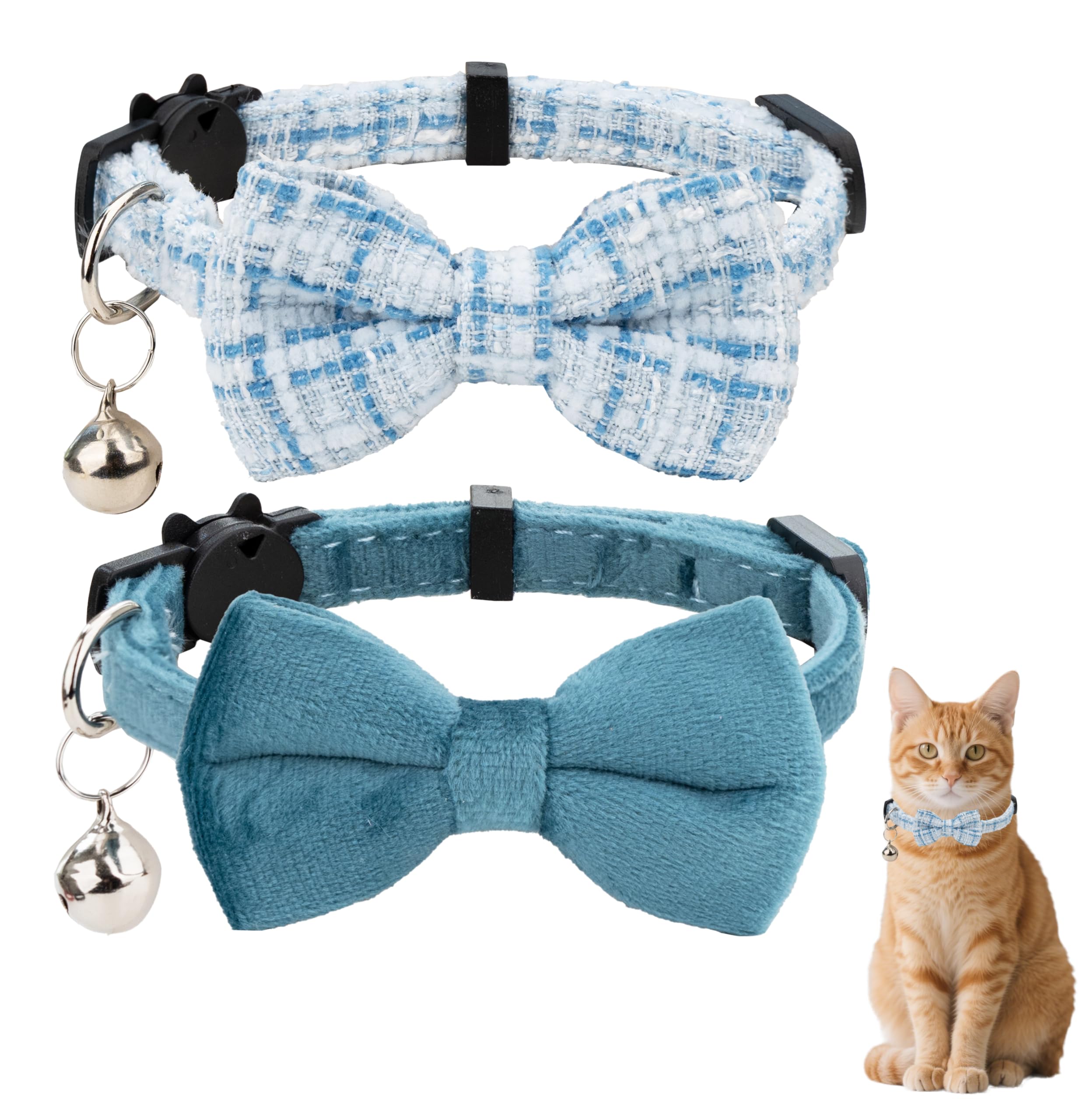 Gyapet Cat Collar Breakaway With Bell Boy Girl Kitten Bow Tie Safety Plaid Solid Color Set Cute Soft Summer B-[2Pcs] Blue