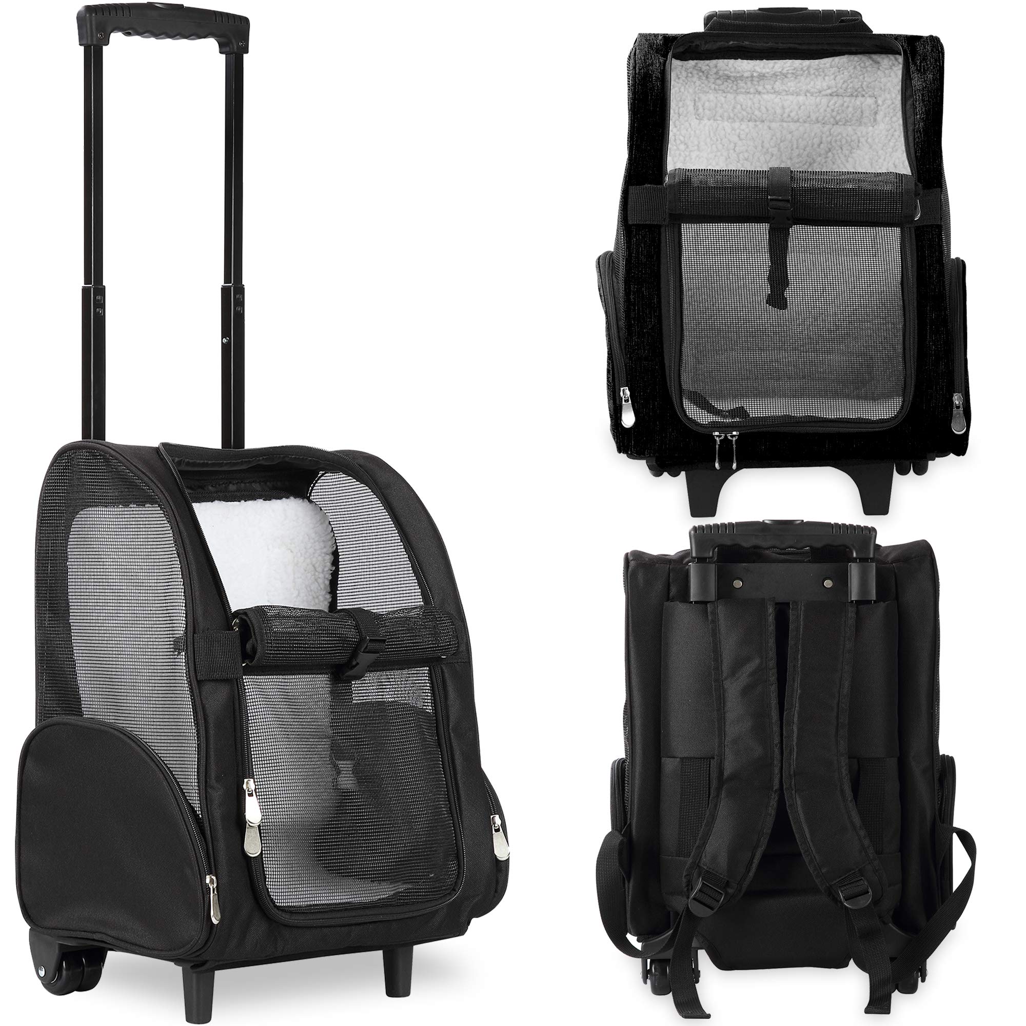 KOPEKS Deluxe Backpack Pet Travel Carrier - Double Wheels, Fabric, Black, 13"x12"x20", for Pets up to 10 lbs, Model KPS-1102