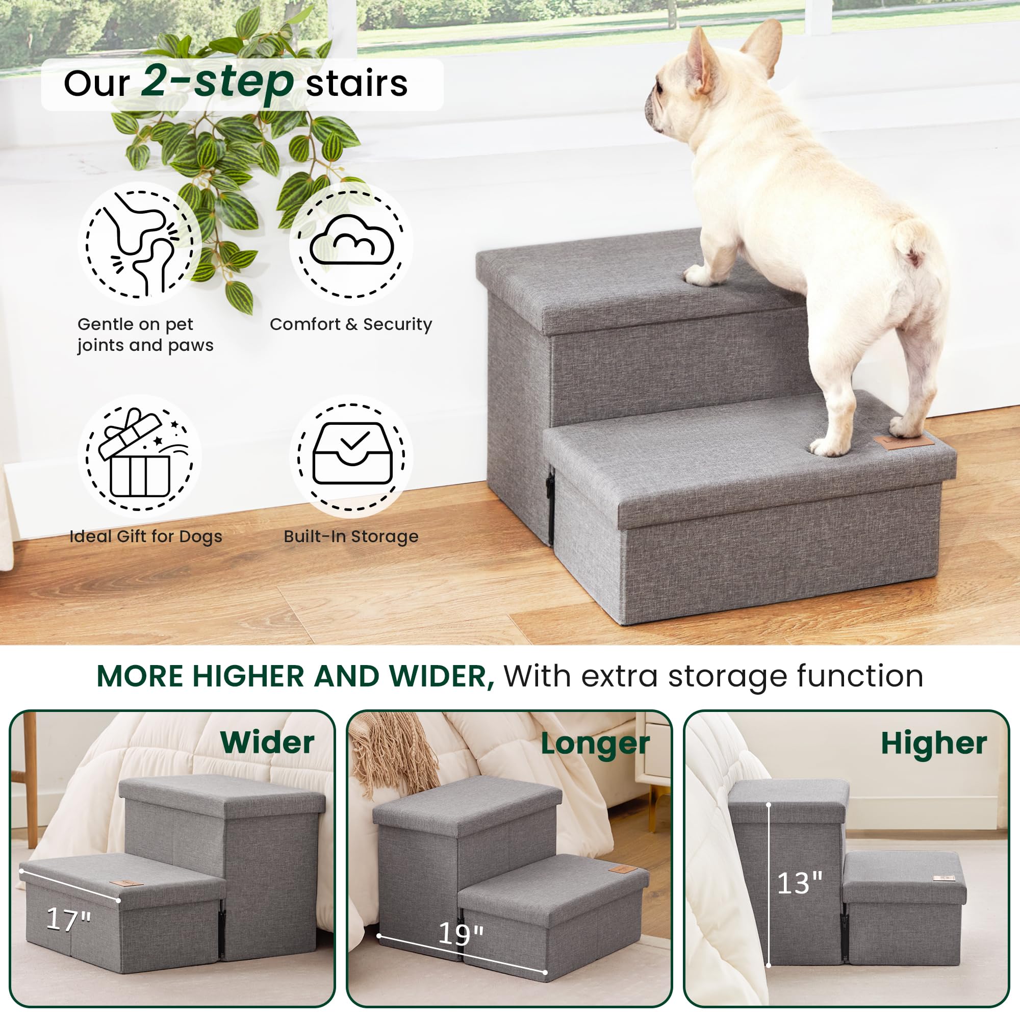 Loves cabin Dog Stairs with Storage 13 H,Foldable Pet Stairs for Small Medium or Large Dogs,Cat Puppy Steps Ramp with Zip up to