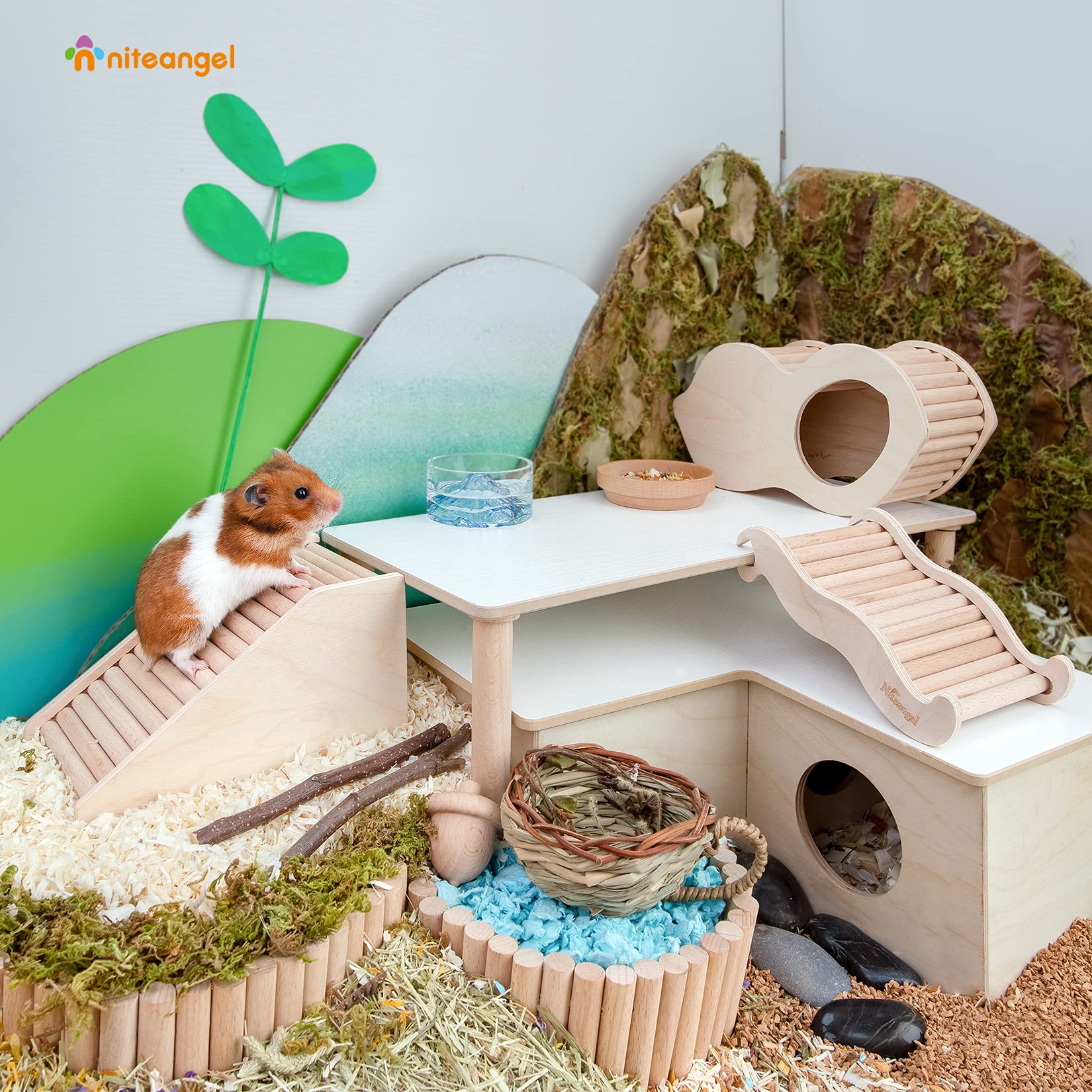 Niteangel Trapezium Hamster House with Climbing Ladder, Light Brown Wood for Hamsters, Gerbils, Mice, and Similar-Sized Pets