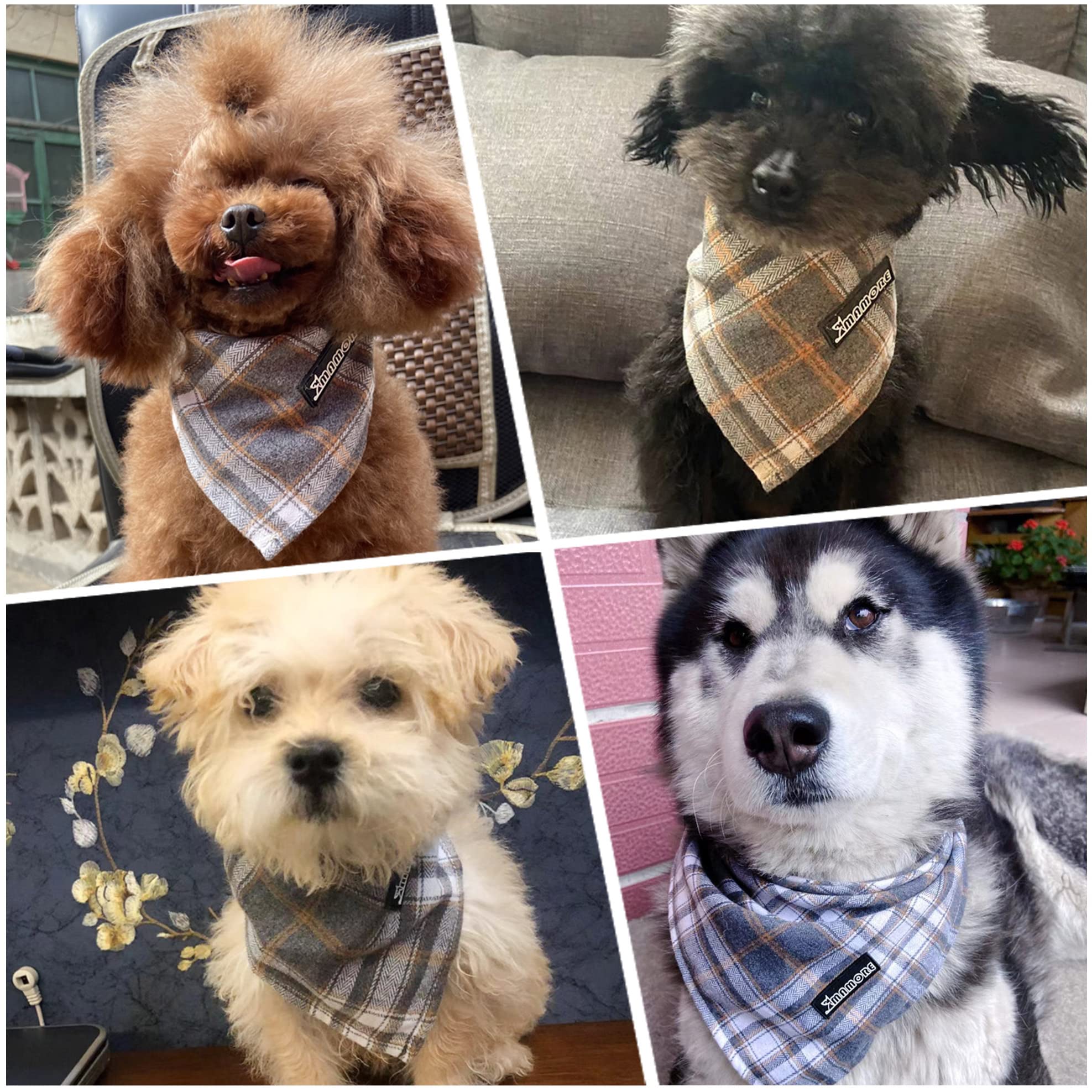 Soft Washable Plaid Bandanas For Dogs And Cats,Adjustable Triangle Bib Comfortable Scarfs For Girl Boy Dogs Puppies (Grey, Large