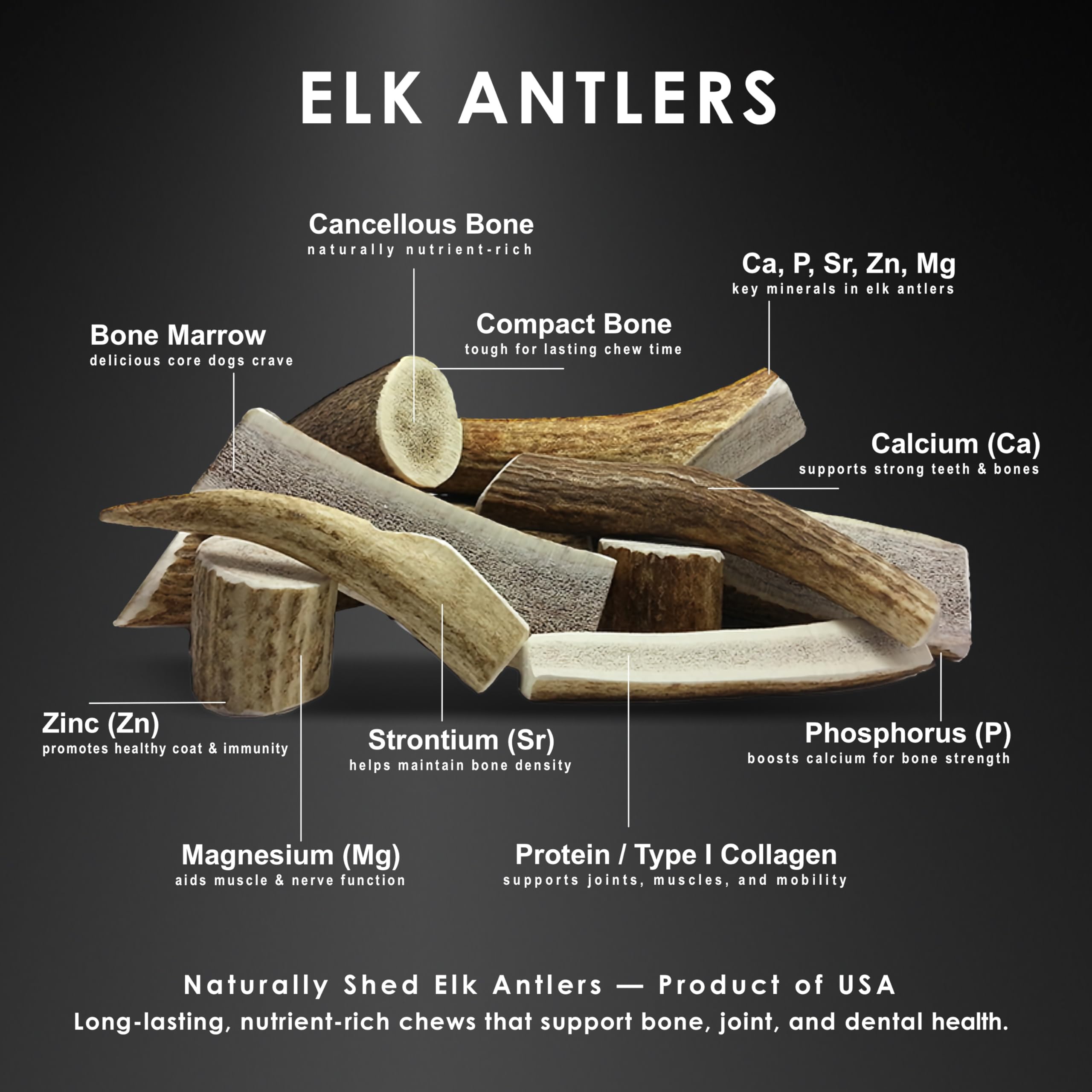 Deluxe Naturals 1-LB Small Mixed Whole & Split Elk Antler Dog Chews (5-7+ in) - Natural Long-Lasting Chews for Dogs Under 20 lbs