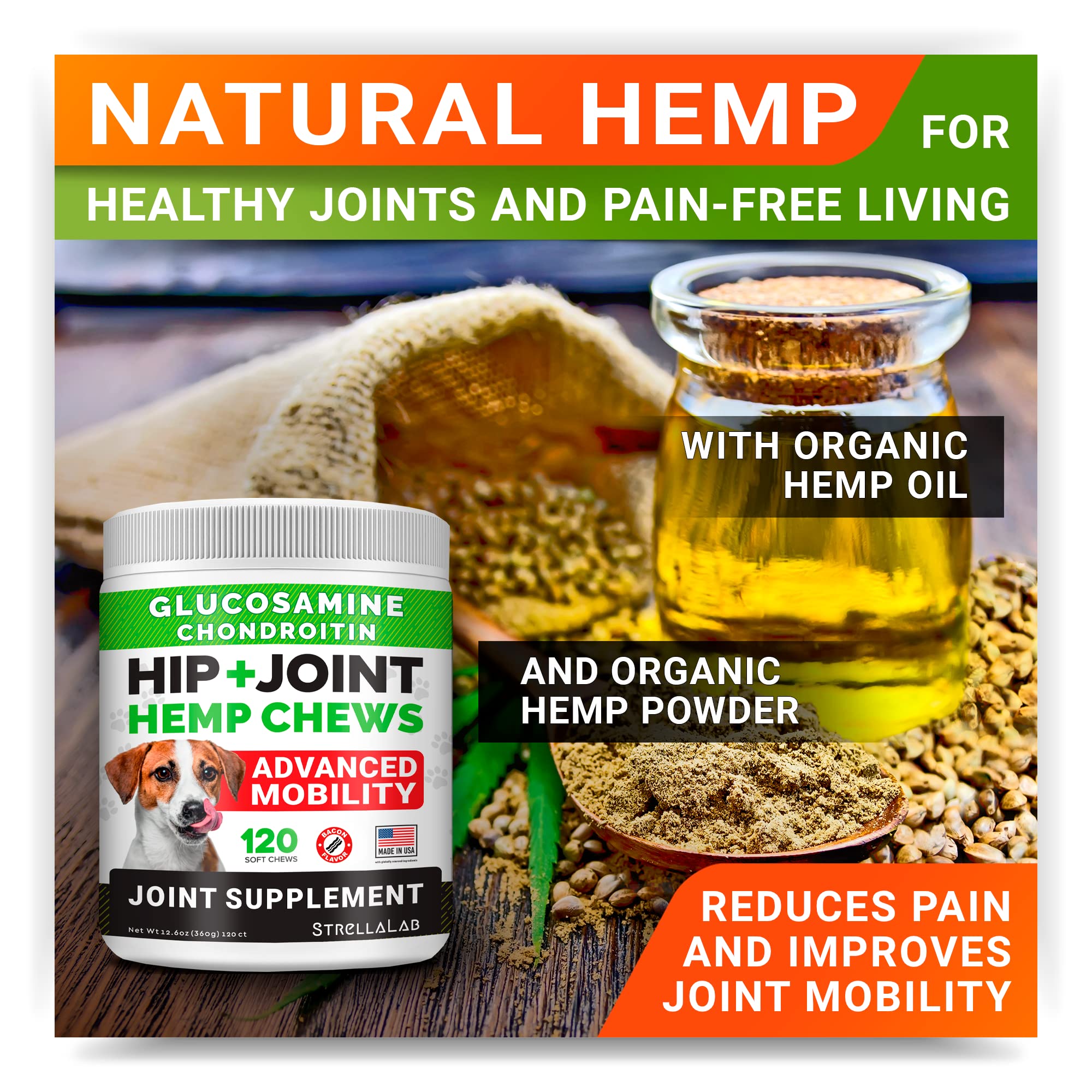 Hemp + Glucosamine Dog Joint Supplement - Hemp Chews for Dogs Hip Joint Pain Relief - Omega 3, Chondroitin, MSM - Advanced Mobil