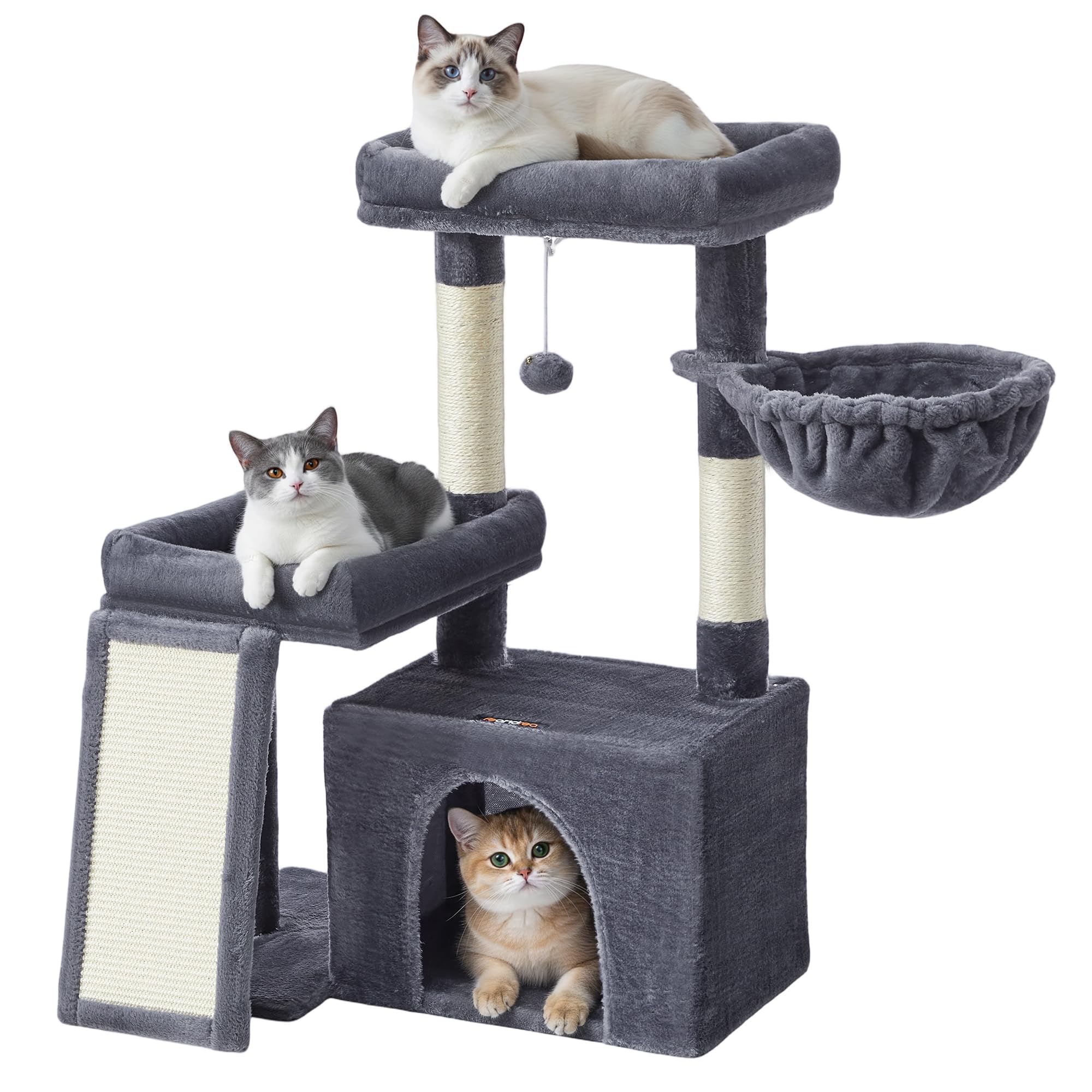 Feandrea Cat Tree, Cat Tower Condo with Scratching Posts and Ramp, 2 Large Perches, Cave, Basket, 33.8 Inches Tall, Dark Gray UP