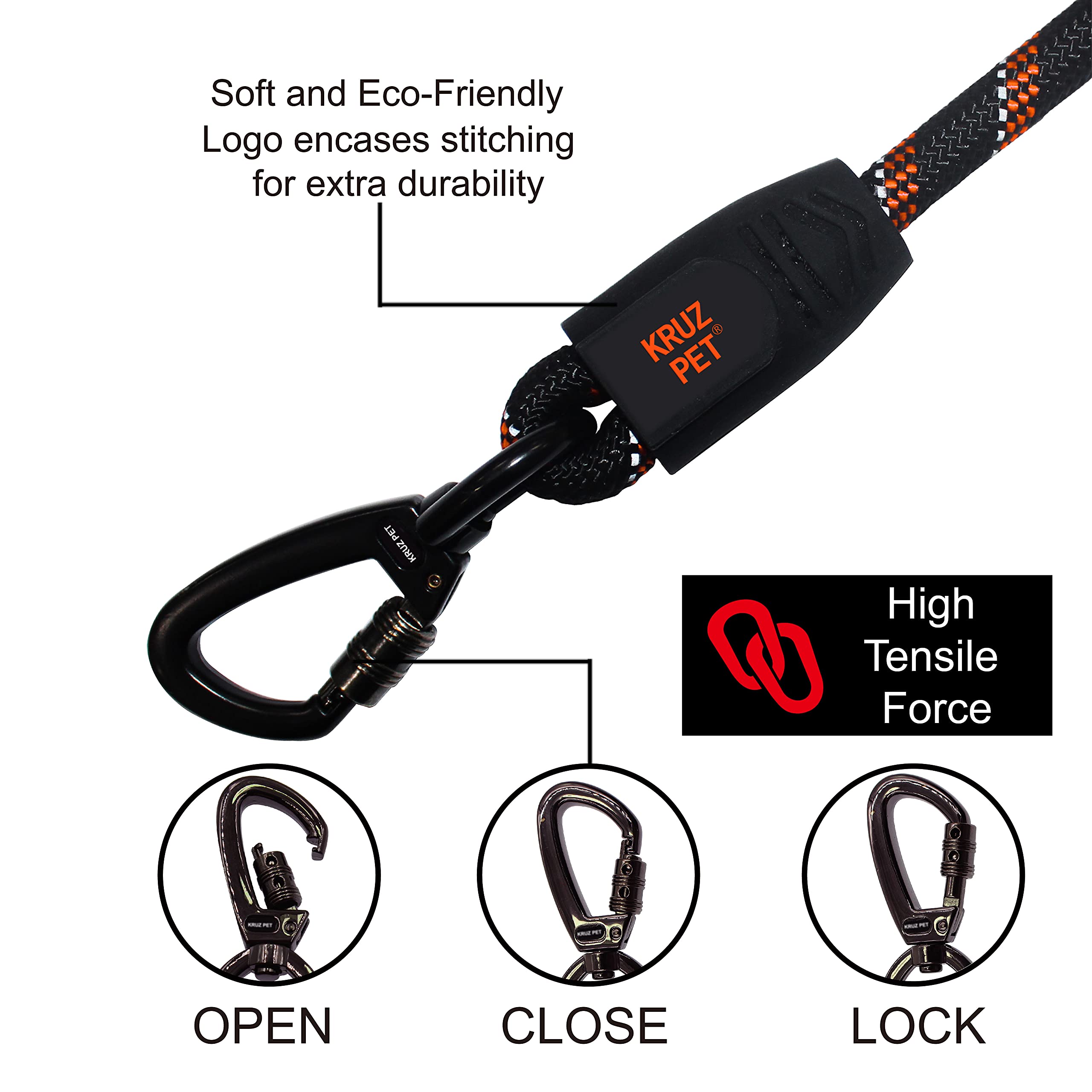 Kruz Short Traffic Leash - Kzrope5020-02L - Soft Silicone Grip - Click & Lock Snap - Heavy-Duty Reflective Dog Rope For Security