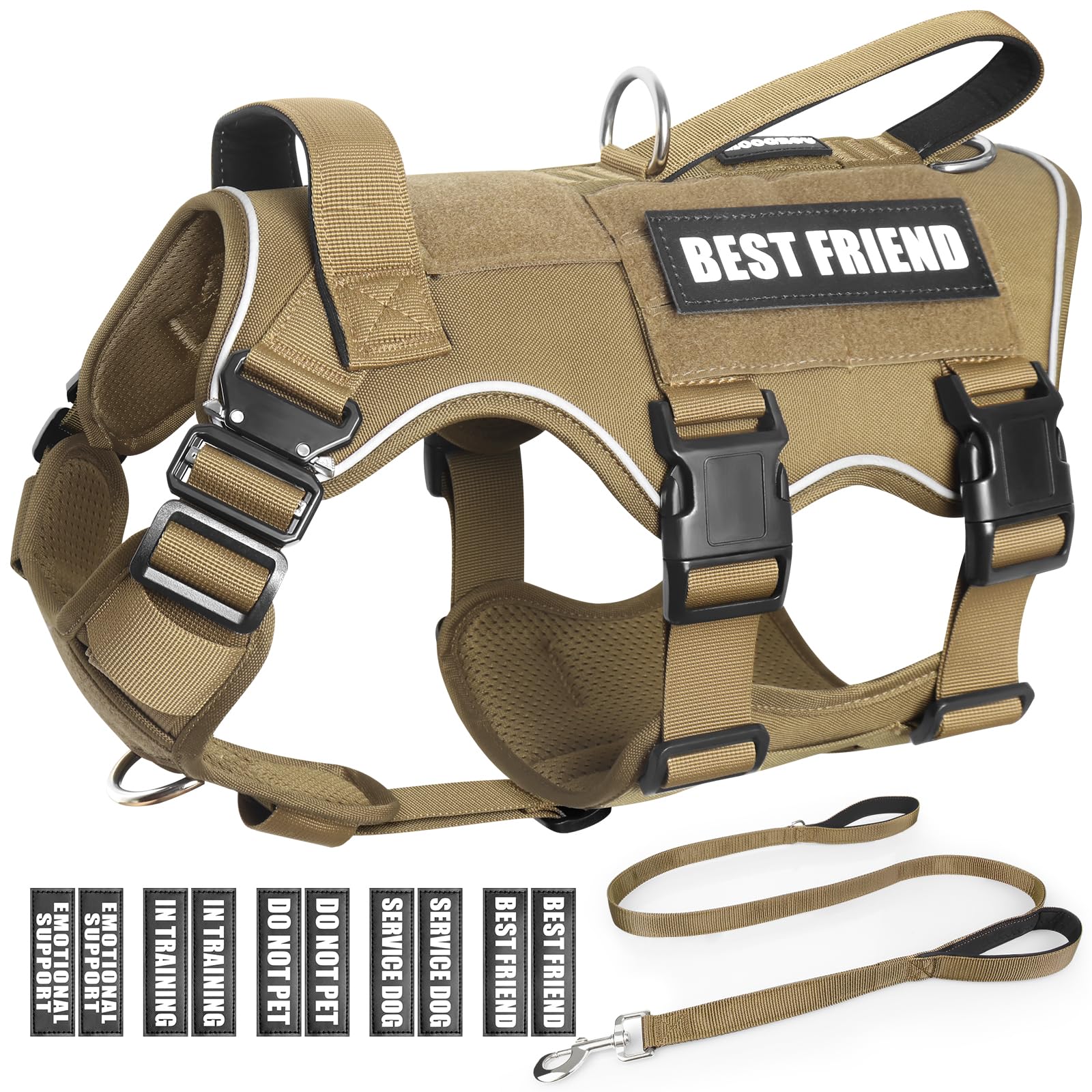 MOOGROU Tactical Service Dog Vest Harness and Leash Set,Heavy Duty Dog Harness with Metal Buckles for Large Dogs,Adjustable No P