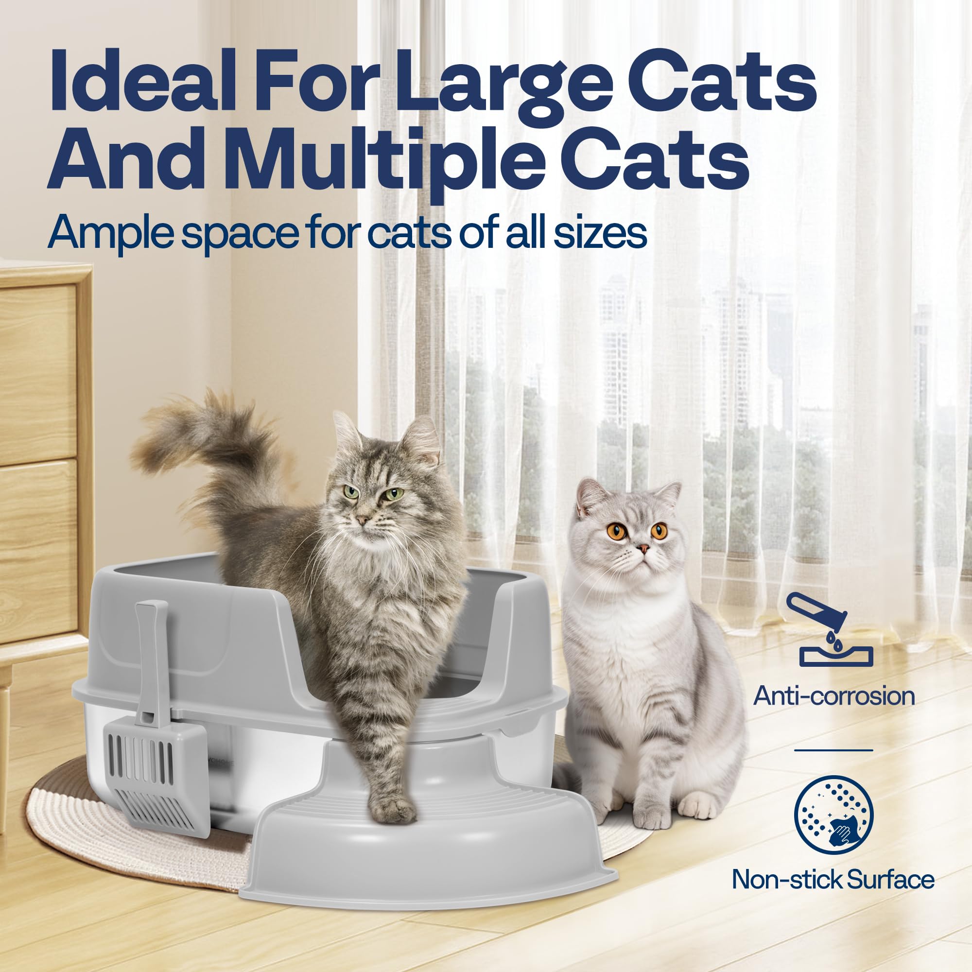 Vivohome Xl Stainless Steel Cat Litter Box With Cover And Steps, 23'' X 17'' X 12'' Large Metal Litter Box For Cats With Scoop,