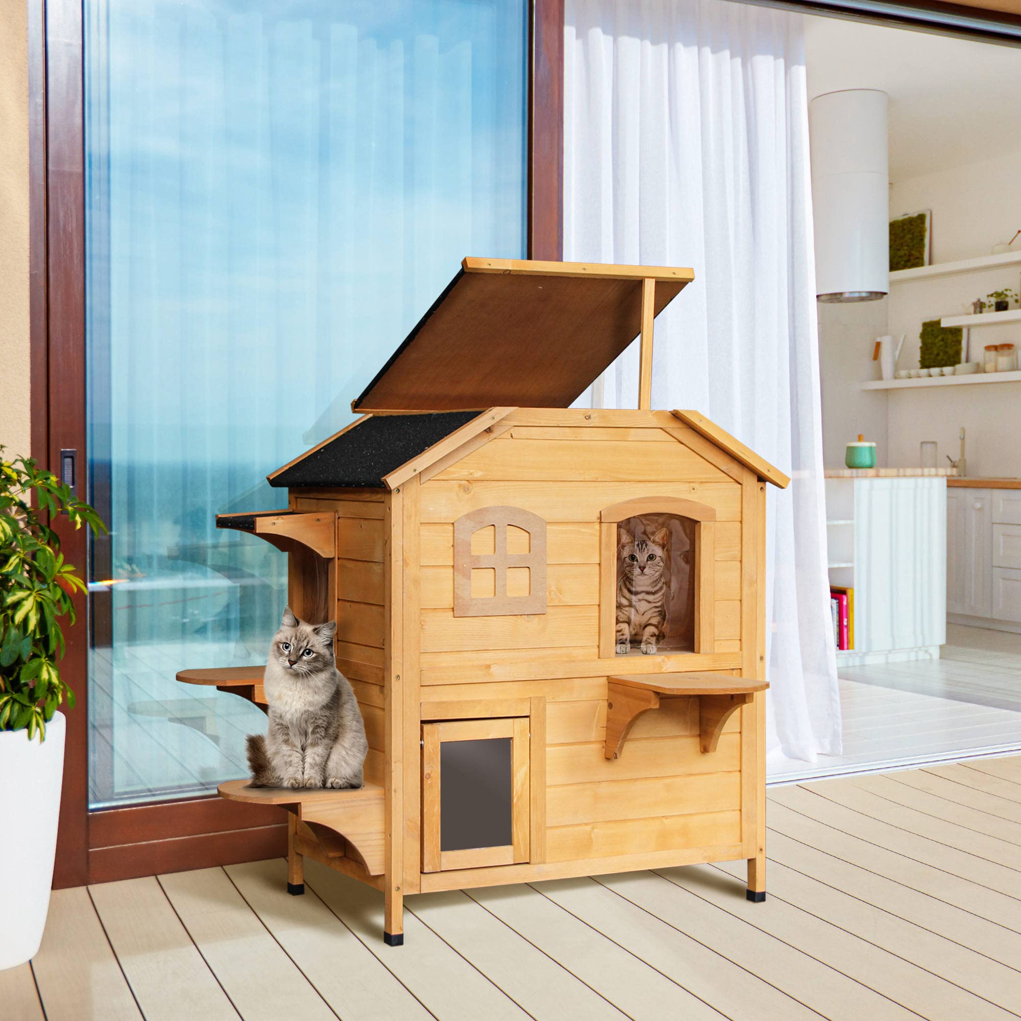 Pawhut 2-Story Cat House Outdoor, Weatherproof Wooden Cat Enclosure For Feral Cats With Escape Door, Openable Roof, Jumping Platforms, Natural