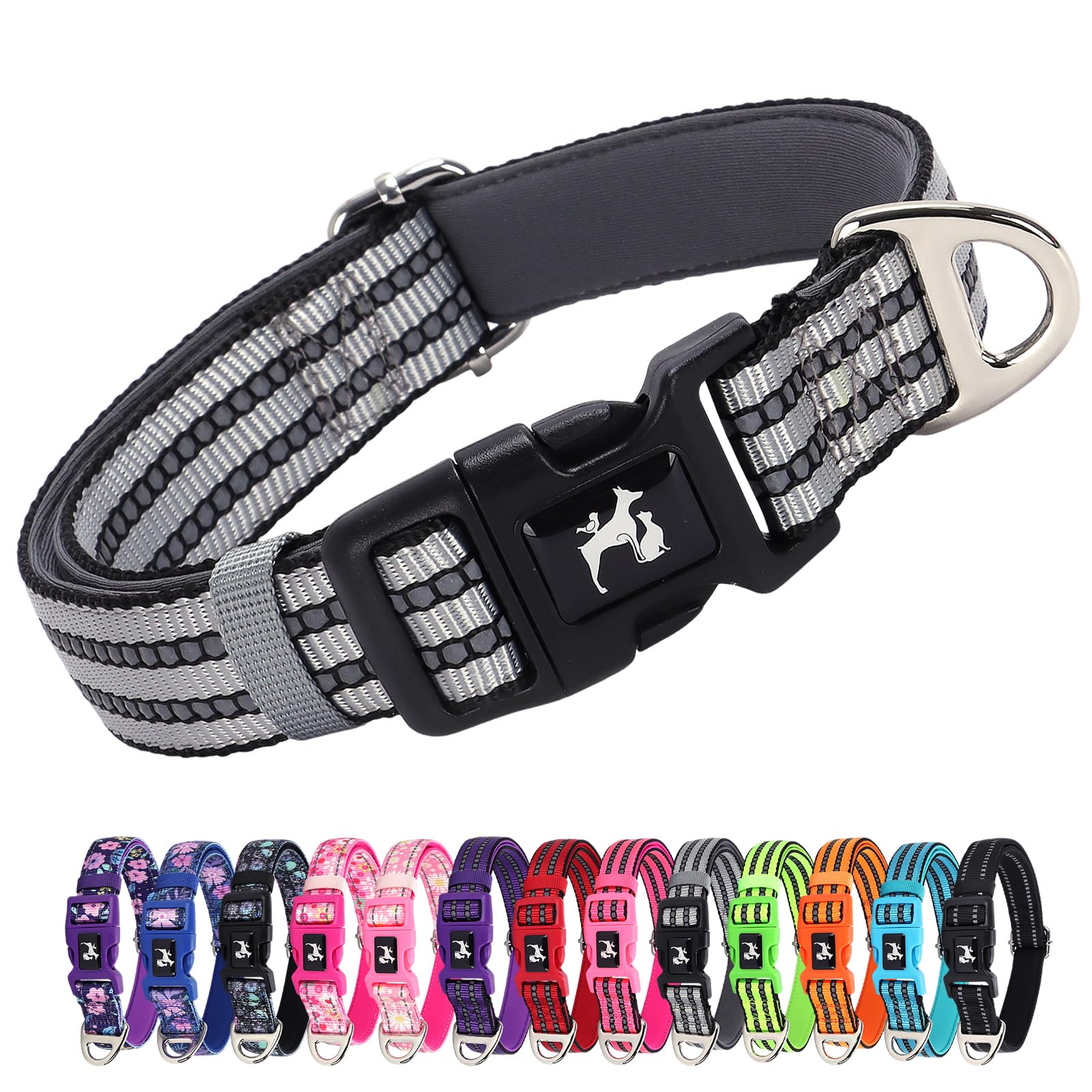 Maowuwujoz Reflective Dog Collar With Soft Neoprene Padded, Adjustable Breathable Nylon Pet Collar For Medium Dogs (Silver M)