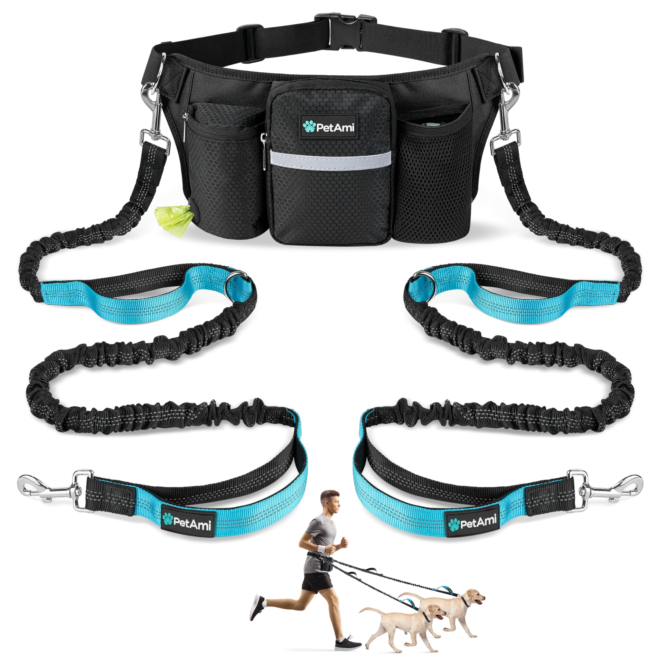 PetAmi Premium Hands Free Dog Leash for 2 Dogs, Adjustable Waist Belt Leash for Dog Walking, Fanny Pack Accessories Bag Dual Bun