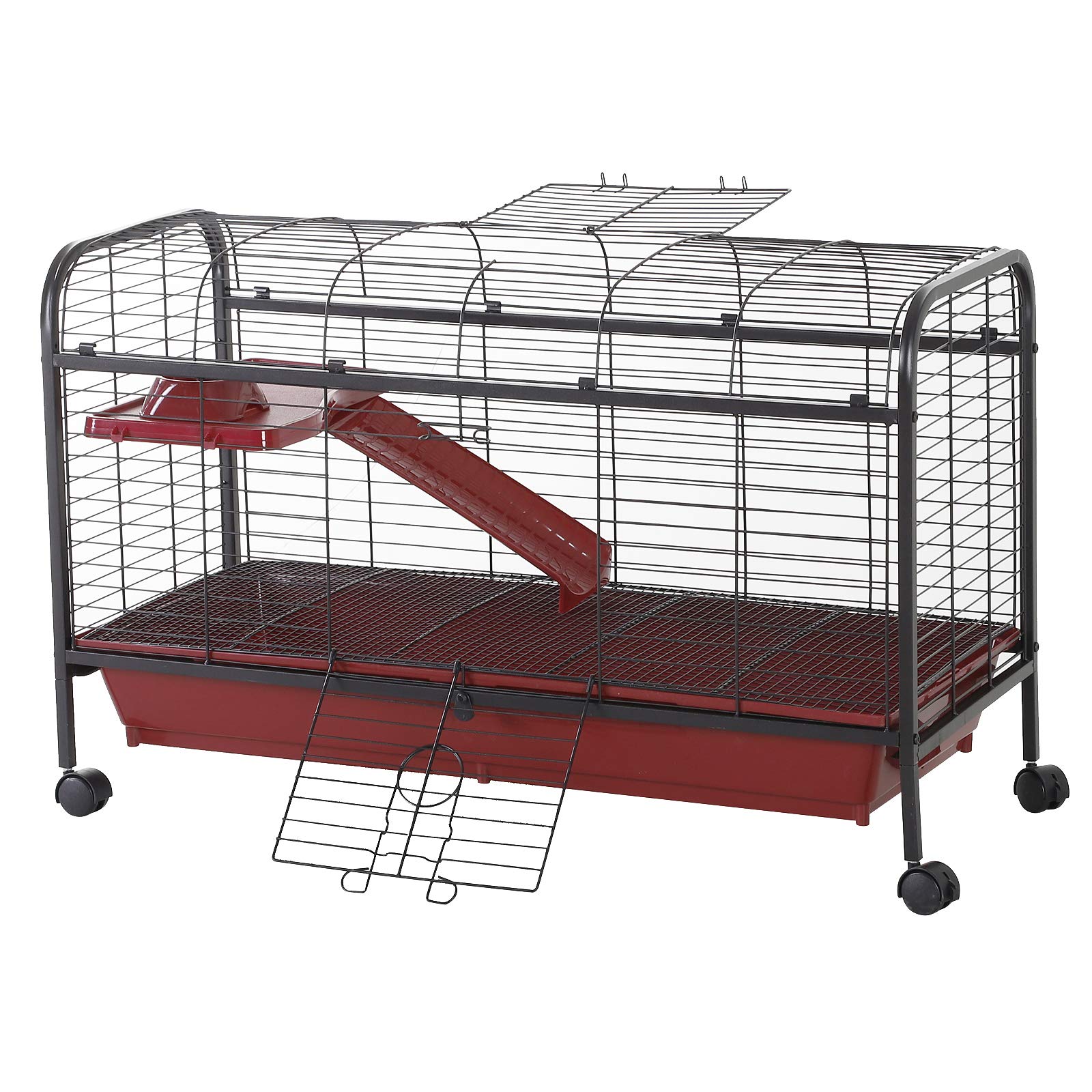 Pawhut 41' L Small Animal Cage Rabbit Hutch Ferret Pet Play House With Feeder, Rolling Wheels, Platform, Ramp