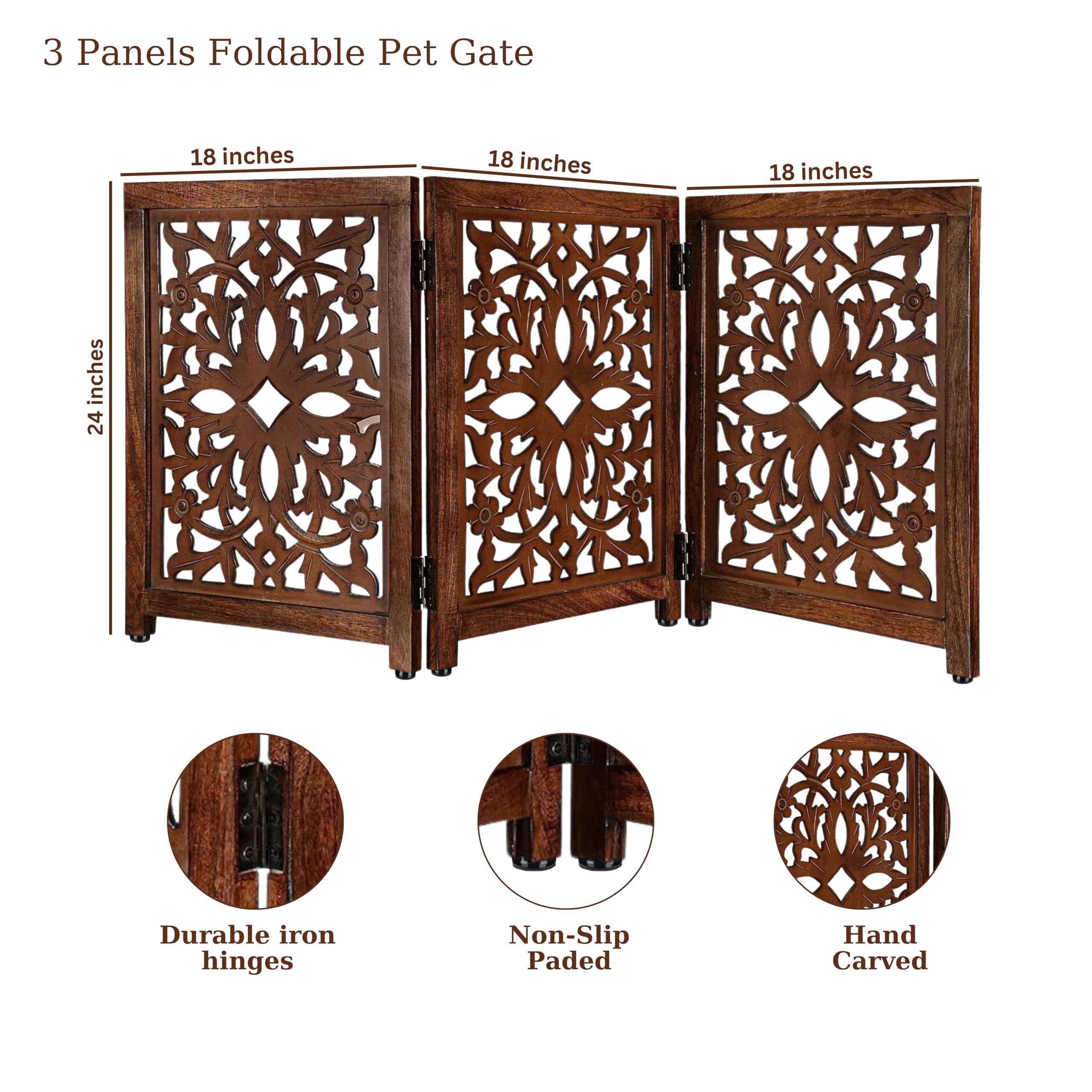 Lightnpro Wooden Pet Gate - Foldable Carved Dog Gate, Extra-Wide Freestanding Indoor Safety Barrier for Dogs & Cats, Perfect for