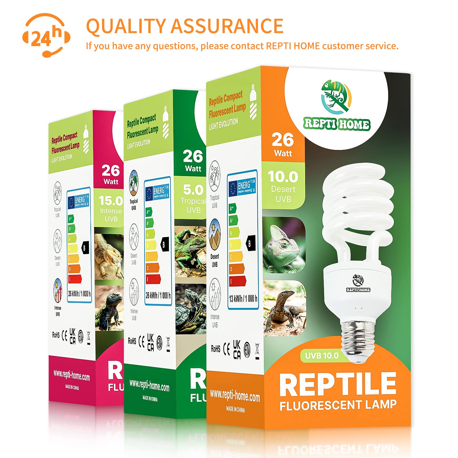 REPTI HOME UVB Reptile Light 10.0 - 26W Desert UVA UVB Bulb for Bearded Dragons, Lizards, Tortoises, Snakes, and Ge