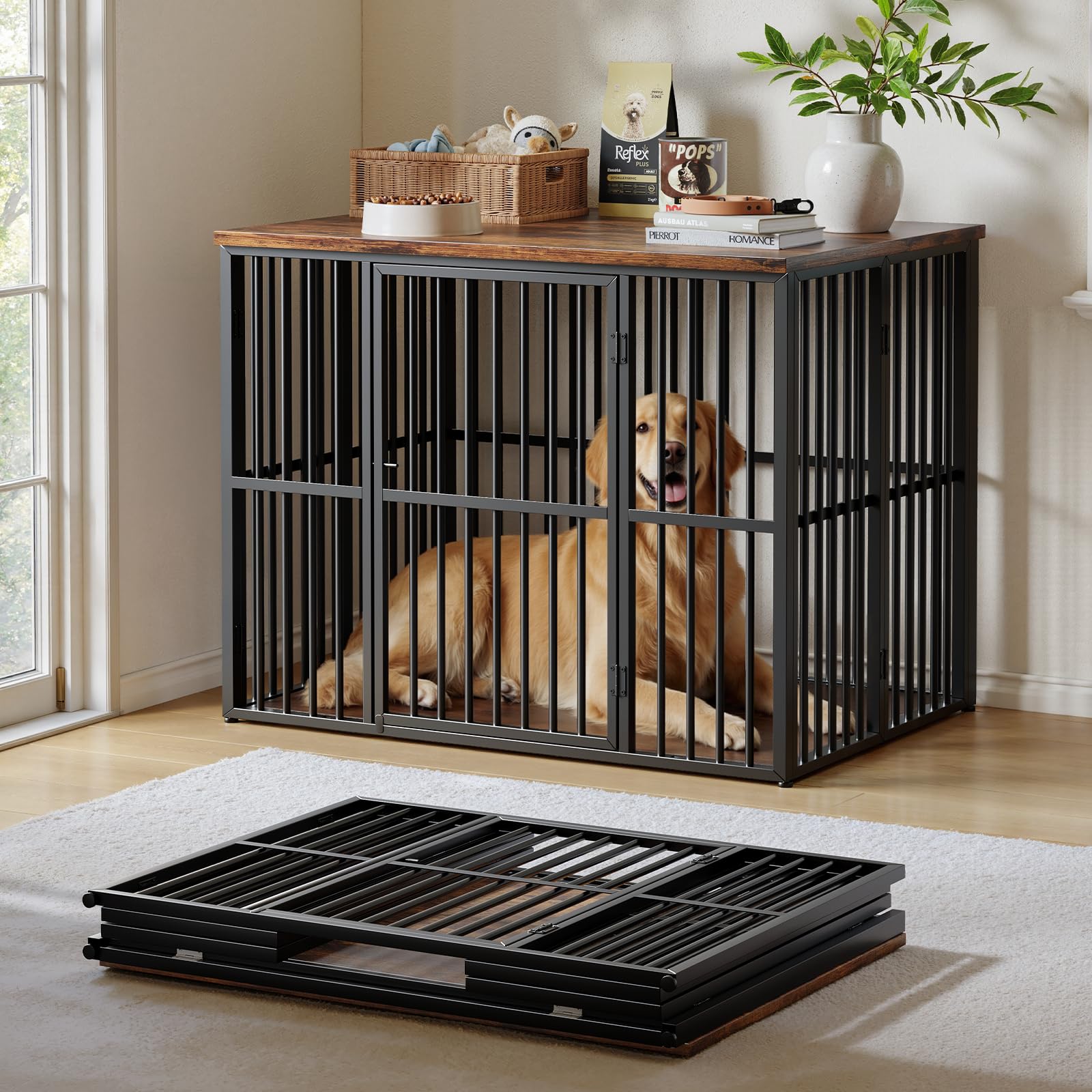 Lyromix 43 Foldable Dog Crate Furniture, No Assembly Large Dog Kennel Furniture for Medium and Large Breed, Chew-Proof XL Wooden