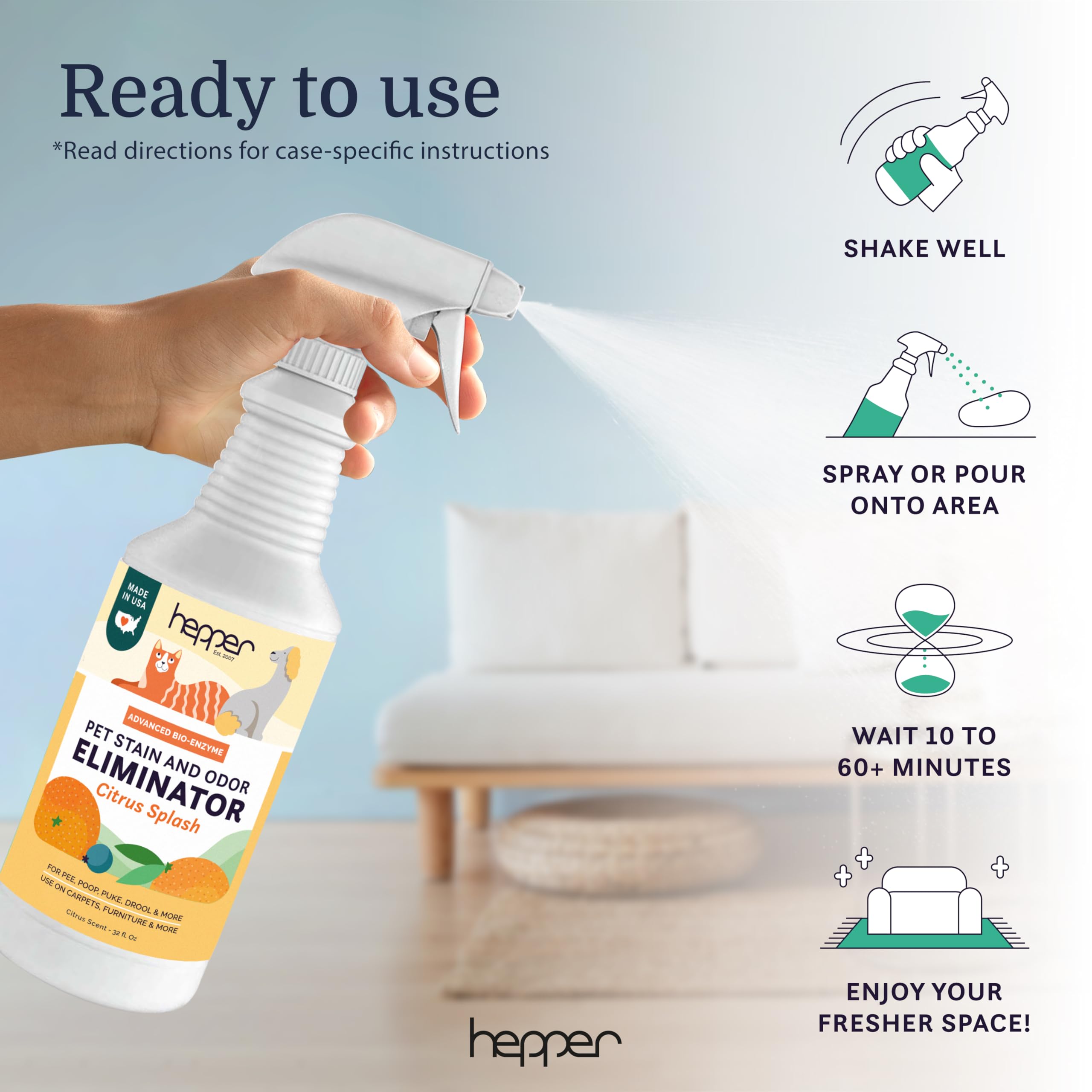Hepper Bio-Enzyme Pet Stain & Odor Eliminator Spray - 32oz Citrus Splash for Cats & Dogs - Safe for Home, White