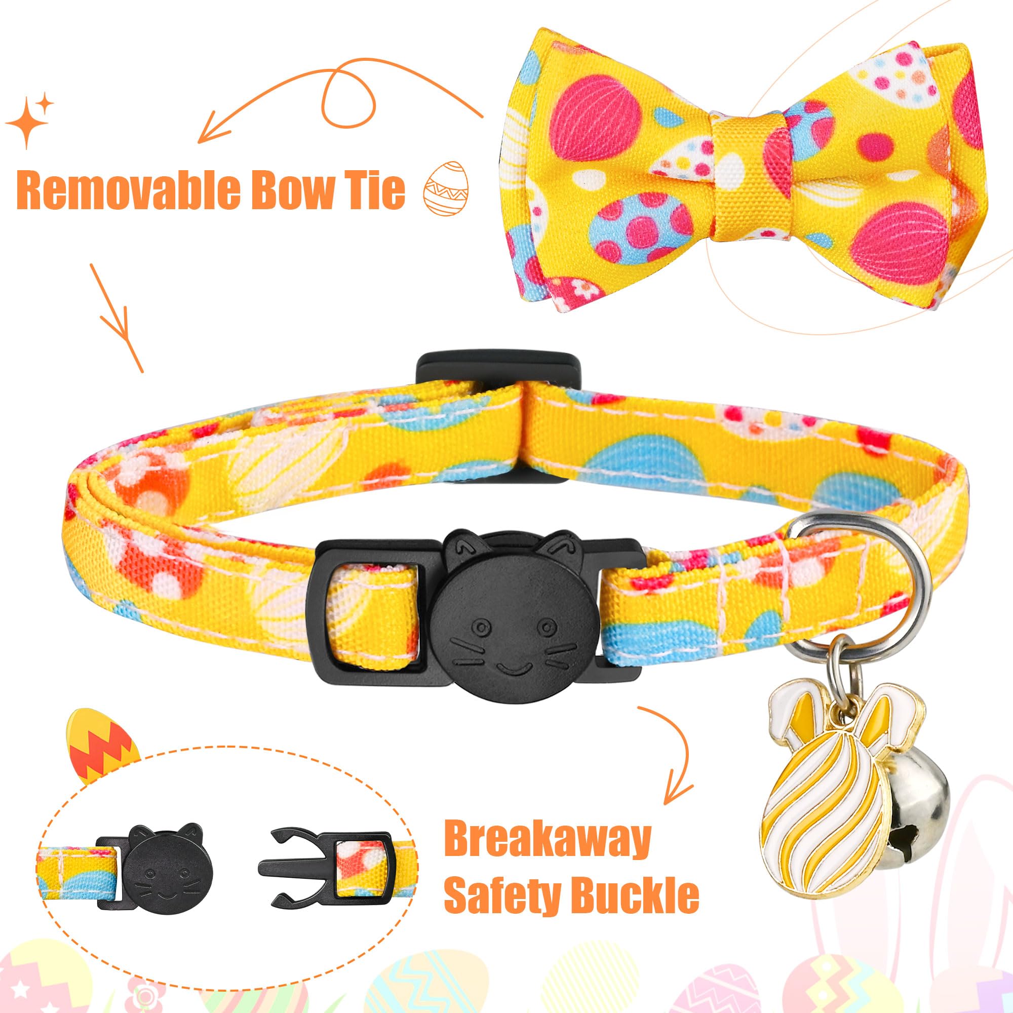 G-Ficu 2 Pack Easter Cat Collar Breakaway With Cute Bow Tie Bell Charm, Easter Eggs Carrot Holiday Collars For Girl Boy Cats Kit