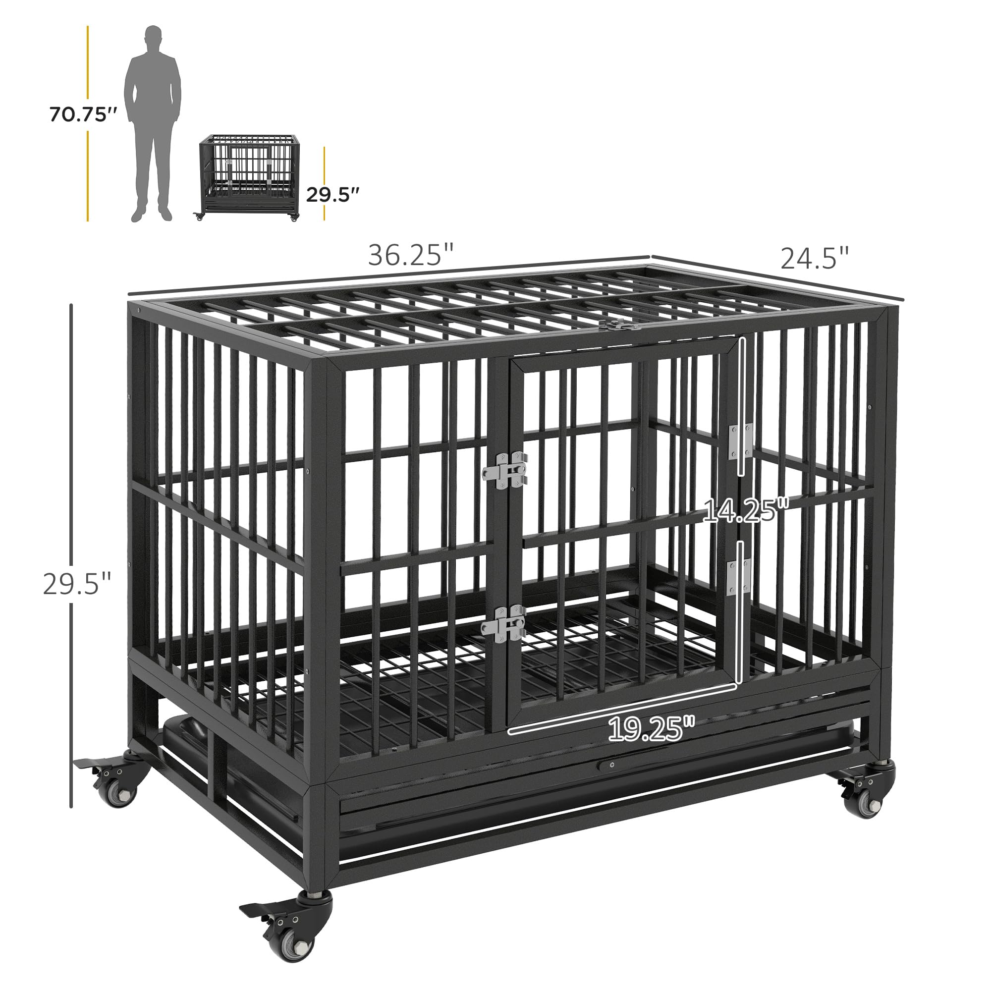Pawhut 36' Heavy Duty Dog Crate Metal Cage Kennel With Lockable Wheels, Double Door And Removable Tray, Gray