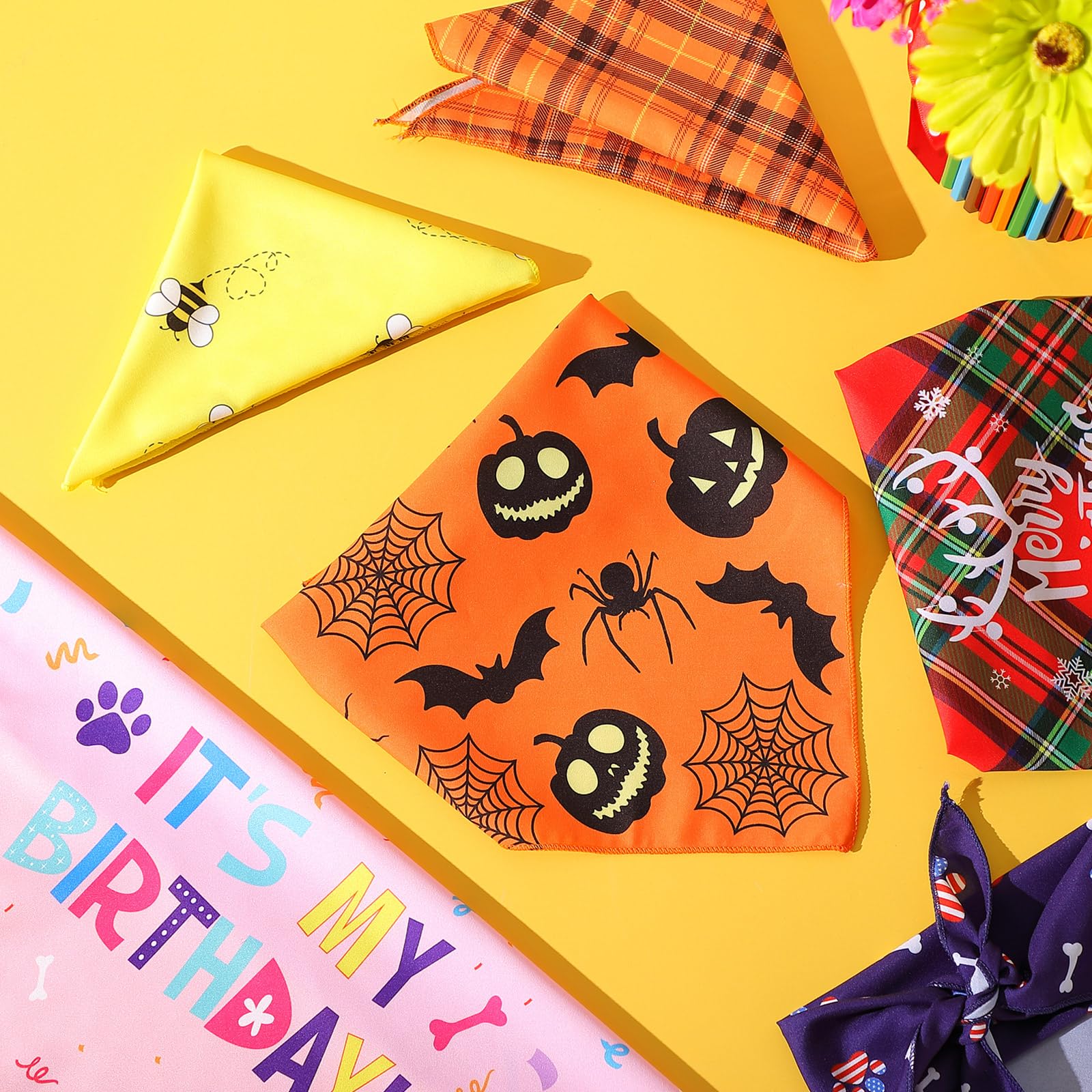 Saintrygo 8 Packs Fall Dog Bandanas Holiday Halloween Christmas Birthday Scarf Adjustable Pet Scarf Pet Bandana for Small Medium