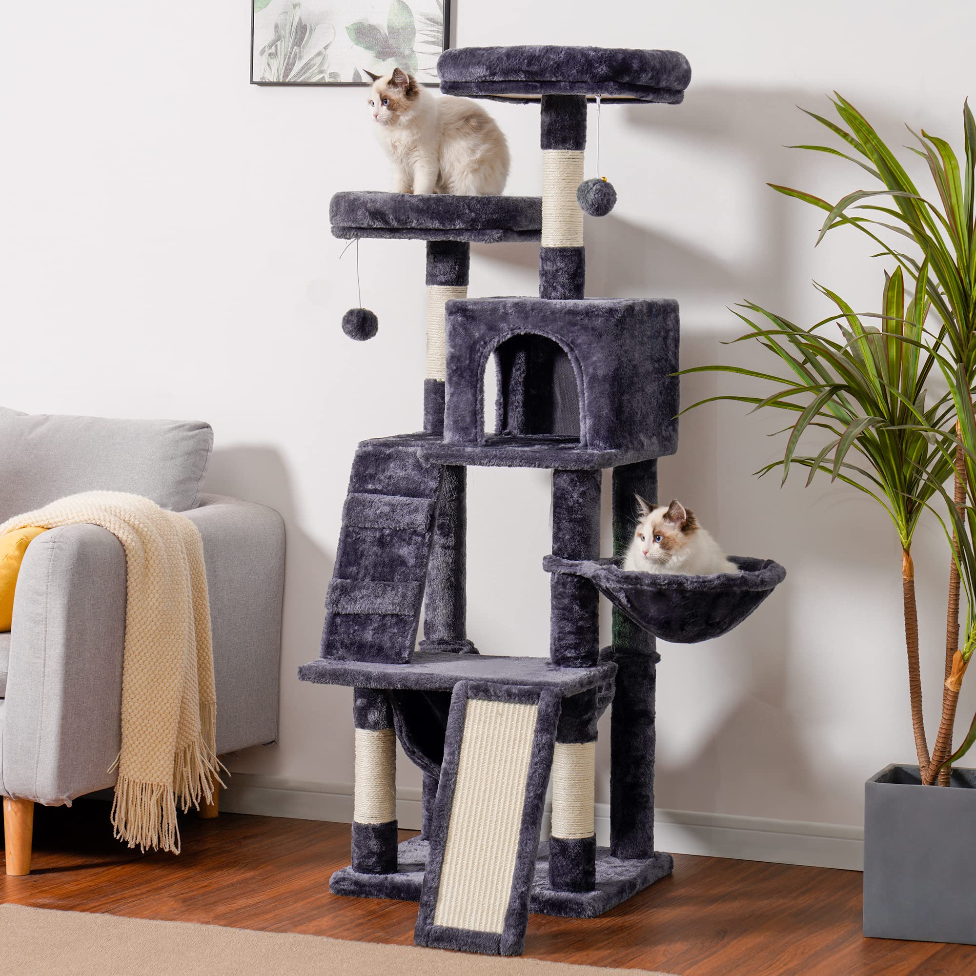 Heybly Cat Tree, Cat Tower For Indoor Cats,Multi-Level Cat Furniture Condo For Cats With Padded Plush Perch, Cozy Basket And Scratching Board Smoky Gray Hct014G
