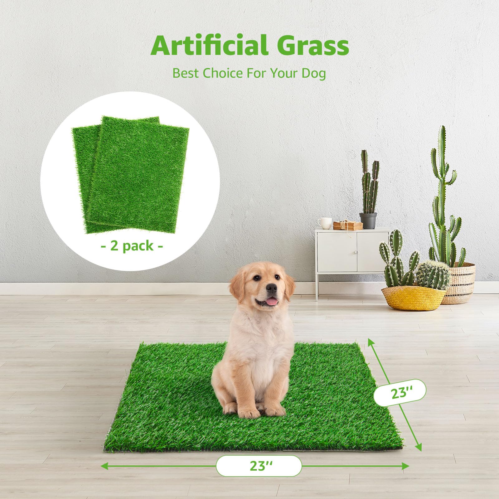 Artificial Dog Grass Pee Pad 23''X23'' 2 Pack, Washable Indoor Potty Training Replacement Turf For Puppy, Reusable Realistic Fak