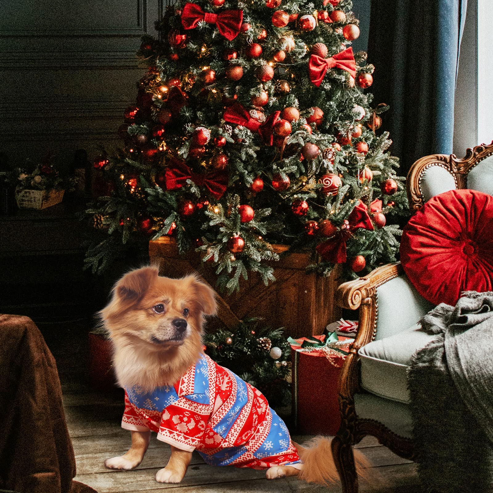 TONY HOBY Dog Pajamas, Dog Jumpsuit with Snoeflake Pattern, Warm Dog Shirts for Small Medium Dog (Red&White, Girl, XL)