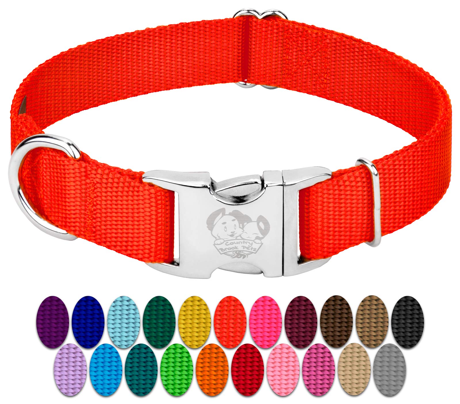 Country Brook Design - Vibrant 30+ Color Selection - Premium Nylon Dog Collar With Metal Buckle (Small, 3/4 Inch, Hot Orange)