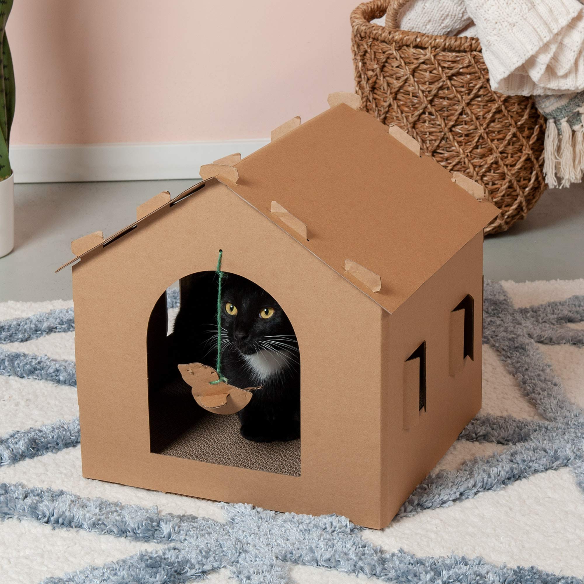 Furhaven Cardboard Cat House Gingerbread House, One Size, with Detachable Hanging Toys