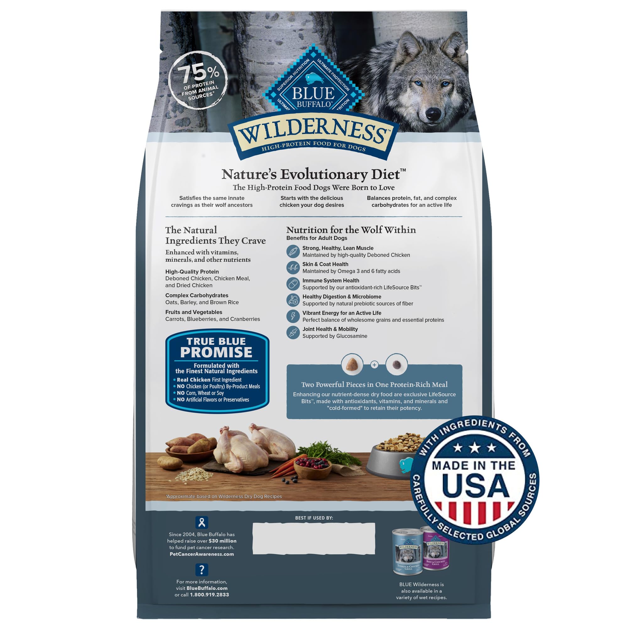 Blue Buffalo Wilderness Natural High-Protein Dry Food for Adult Dogs, Chicken Recipe, 24-lb. Bag