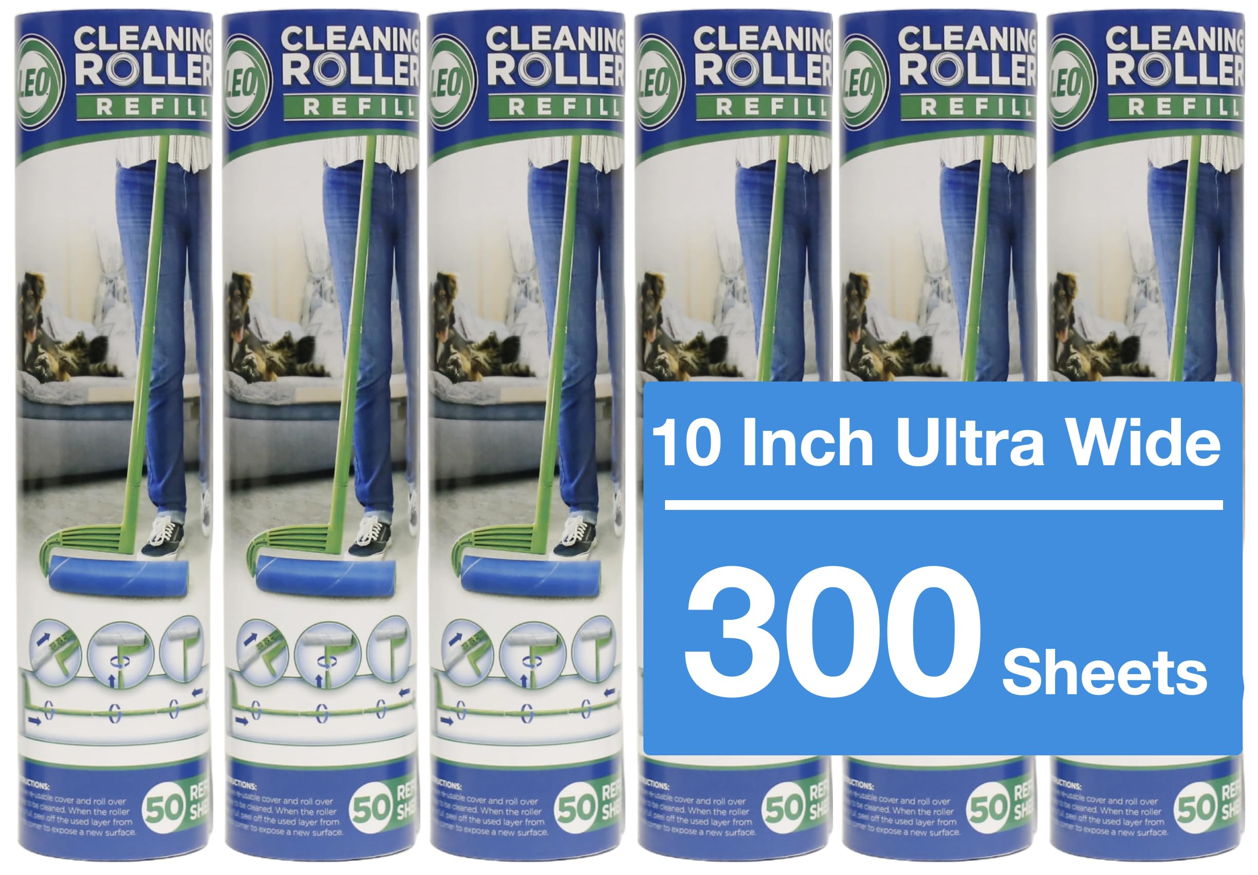 Leo Large 10-Inch Wide Lint Roller Refills 6 Rolls 300 Ultra-Wide Sheets For Lint Removers Household Cleaning Easily Remove Pet Hair Dust And Debris From Floors Carpets And Furniture