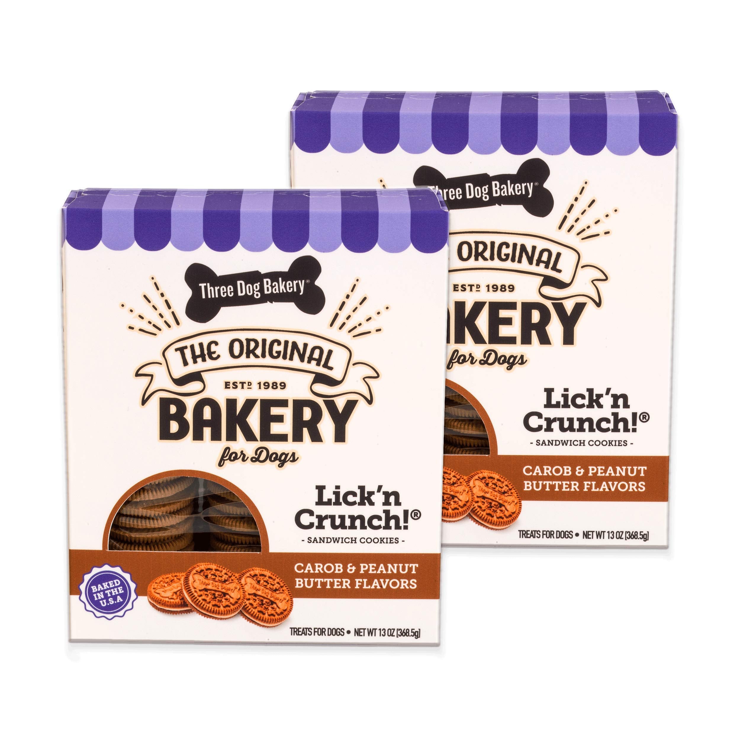 Three Dog Bakery Lickn Crunch Sandwich Cookies Premium Dog Treats with No Artificial Flavors, Carob and Peanut Butter Flavor, 1