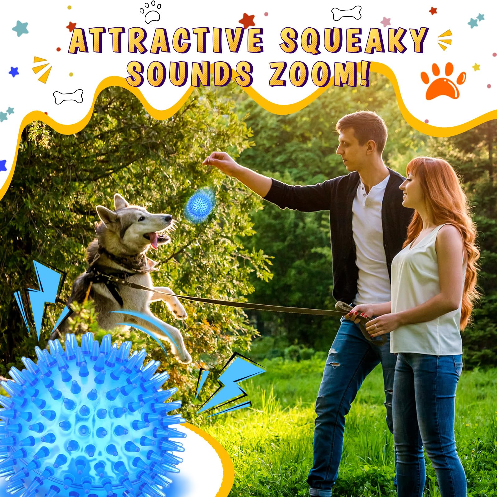 Soulchen 6 Pack 3.5 Dog Squeaky Balls Interactive Rubber Chew Toys Spiky Dental Fetch Balls Treat Puzzle Training Toys for Puppi