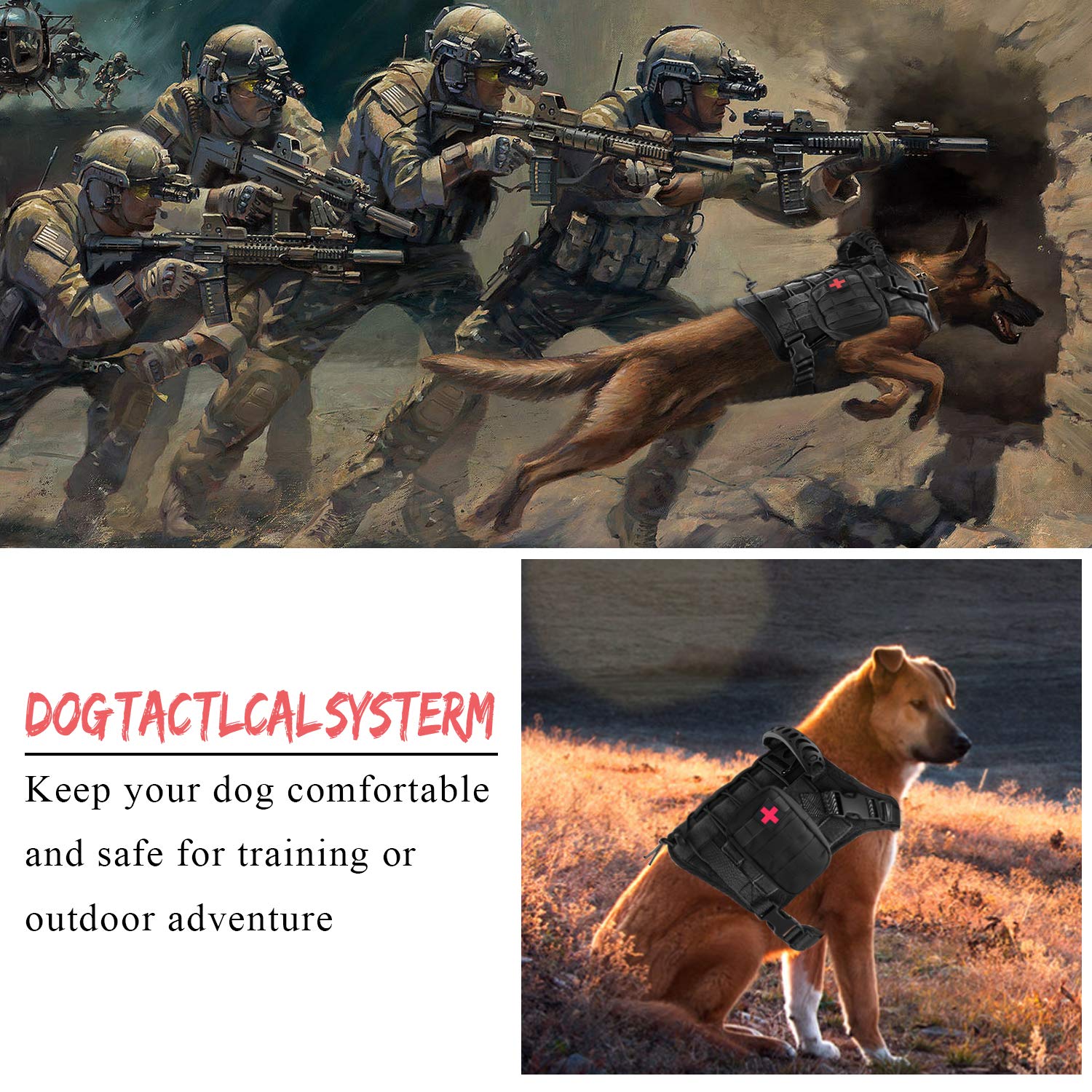 Tactical Service Dog Vest Harness Outdoor Training Handle Water-Resistant Comfortable Military Patrol K9 Dog Harness With Handle