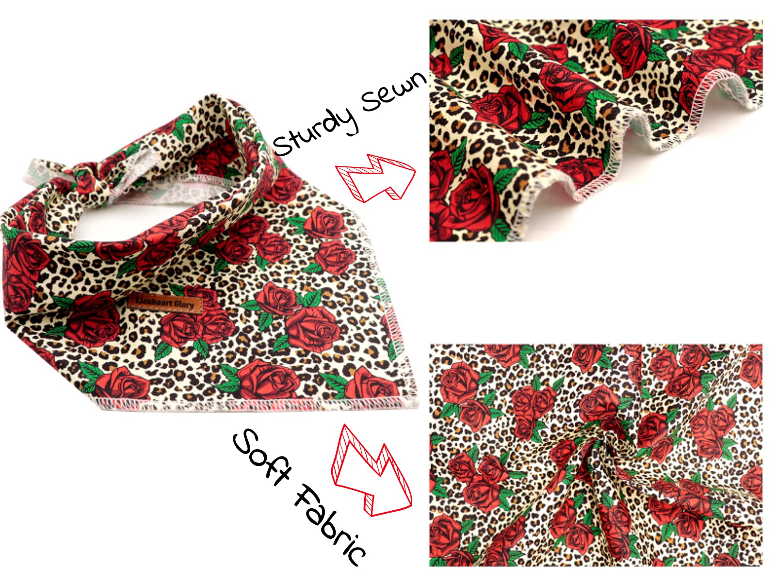 Lionheart Glory Dog Bandana 1 Pack Washable Soft Cotton Rose Leopard Bibs Scarf, Adjustable Kerchief Square Dog Bandanas For Lar