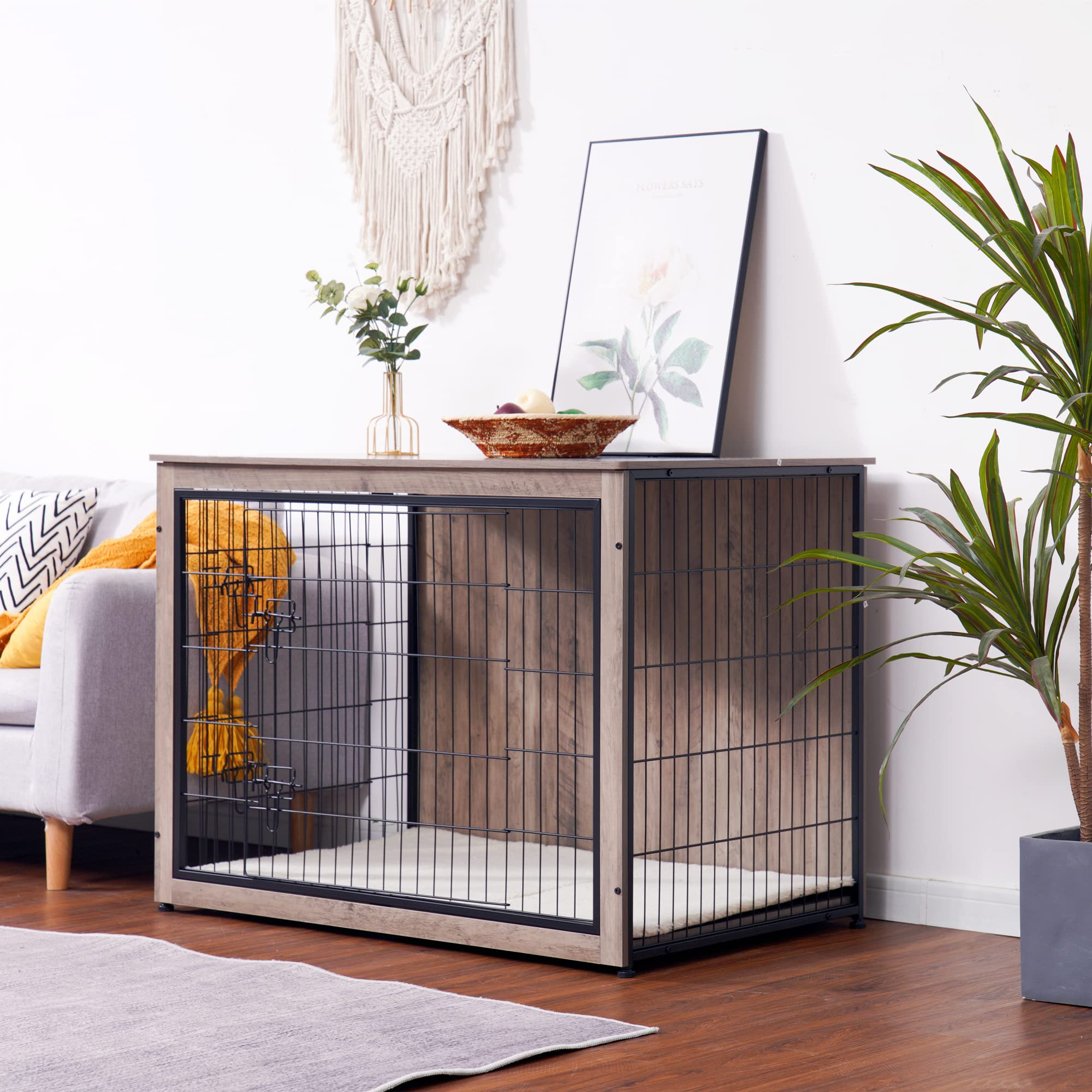 Dwanton Dog Crate Furniture With Cushion, Xl Wooden Dog Crate With Double Doors, Large Dog Crate Furniture, Dog Kennel Indoor, Dog House, Extra Large, 43.3' L, Greige