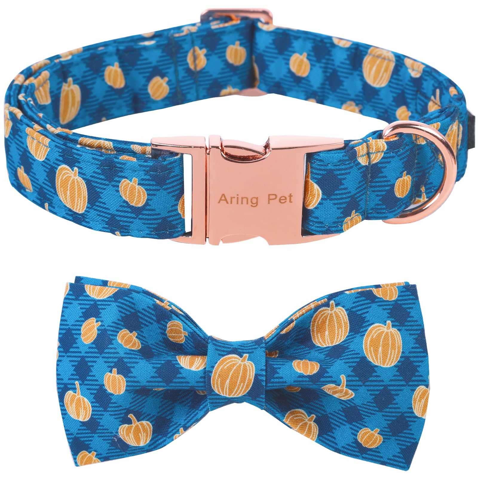 Aring Pet Halloween Dog Collar, Cotton Plaid Pumpkin Dog Collar With Bow, Adjustable Halloween Pumpkin Dog Collars With Metal Buckle