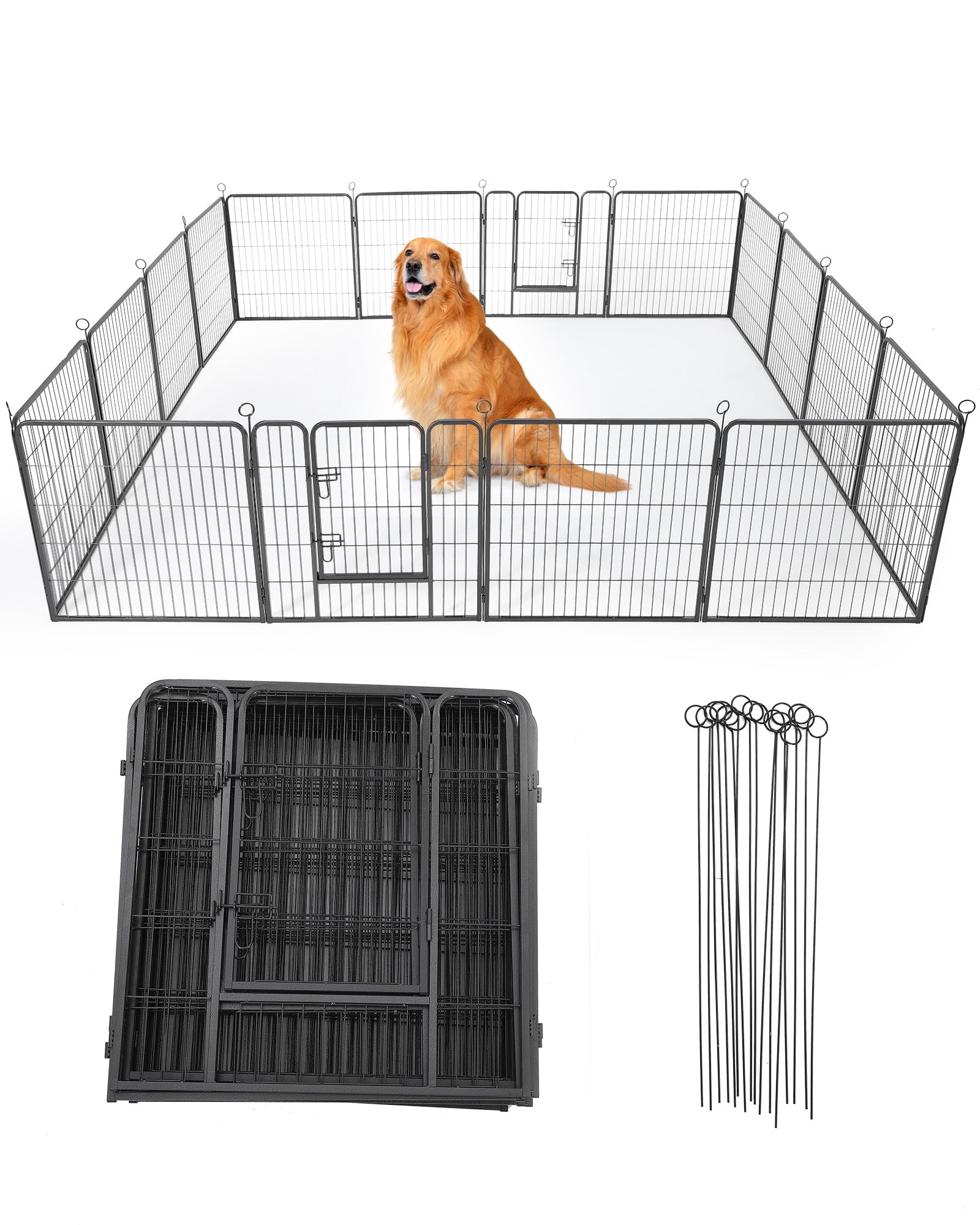 Garvee Outdoor Dog Playpen,Heavy Duty Metal Pet Exercise Pen,32 Inch, 16 Panels Metal Dog Fence with Gate, Pet Fence for Large/S