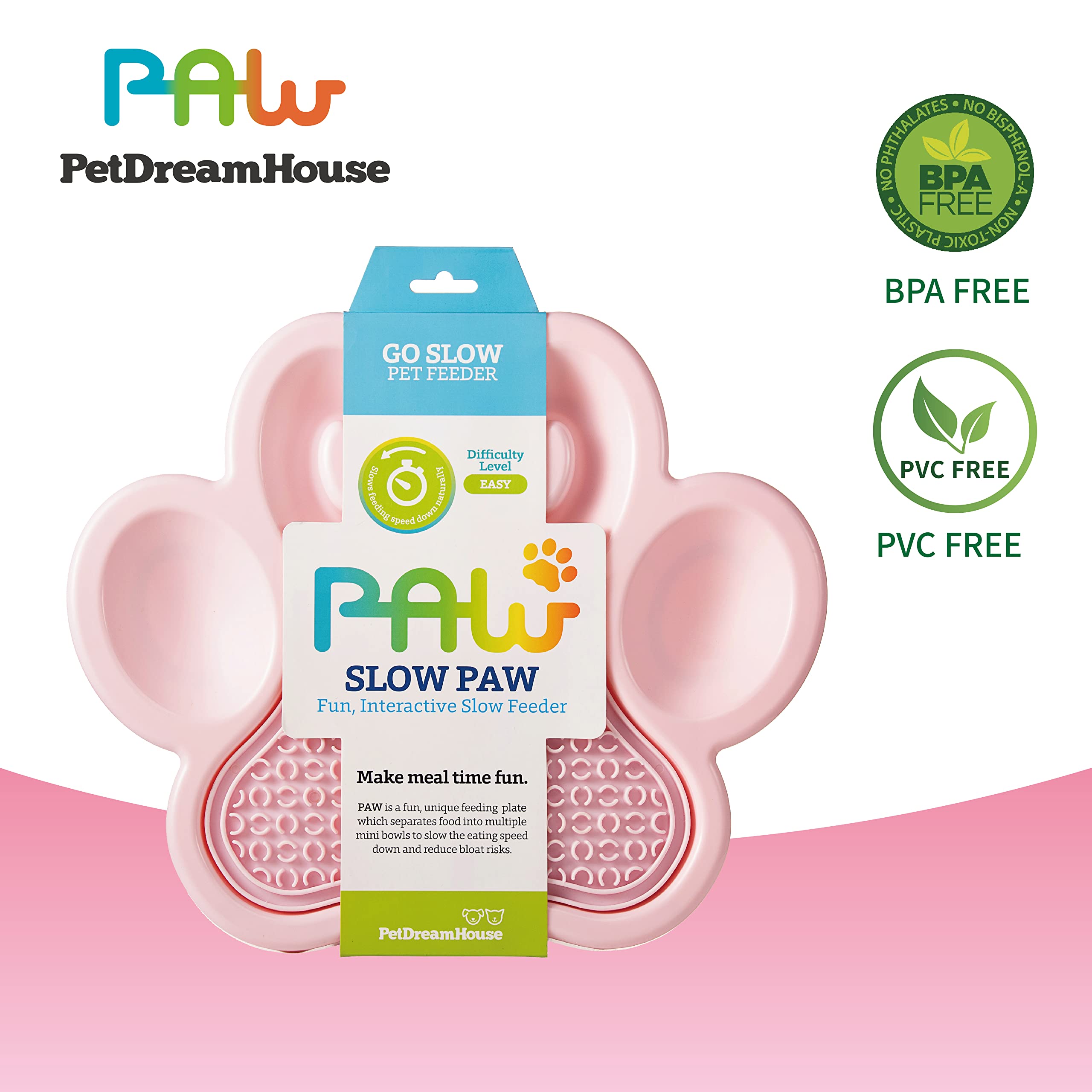 PetDreamHouse PAW 2-in-1 Slow Feeder Interactive Bowl with Removable Lick Mat - Pink
