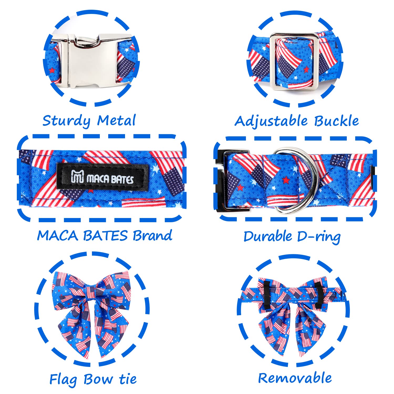 Maca Bates American Flag Dog Collar With Sailor Bow 4Th Of July Dogs Bowtie Adjustable Durable Patriotic Collars Usa Collor Blue