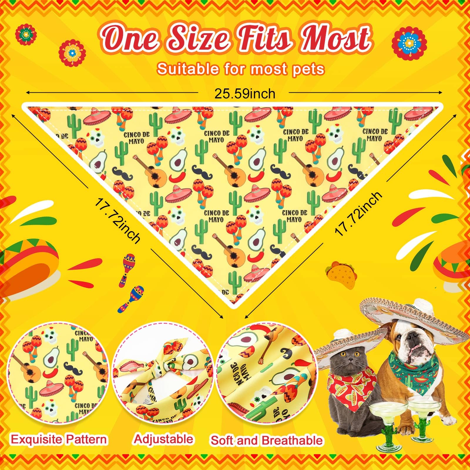 Bulyoou 72 Pcs Mexican Dog Bandanas Bulk Cinco De Mayo Bandanas for Dogs Adjustable Washable Pet Triangle Scarf Soft Kerchief Bi