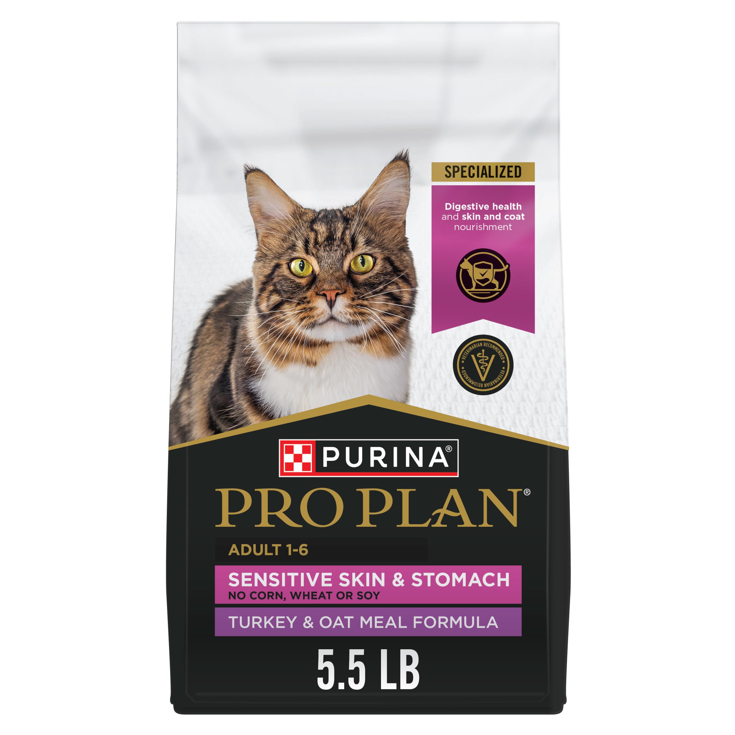 Purina Pro Plan With Probiotics, Sensitive Skin & Stomach, Natural Dry Cat Food, Turkey & Oat Meal Formula - 5.5 lb. Bag