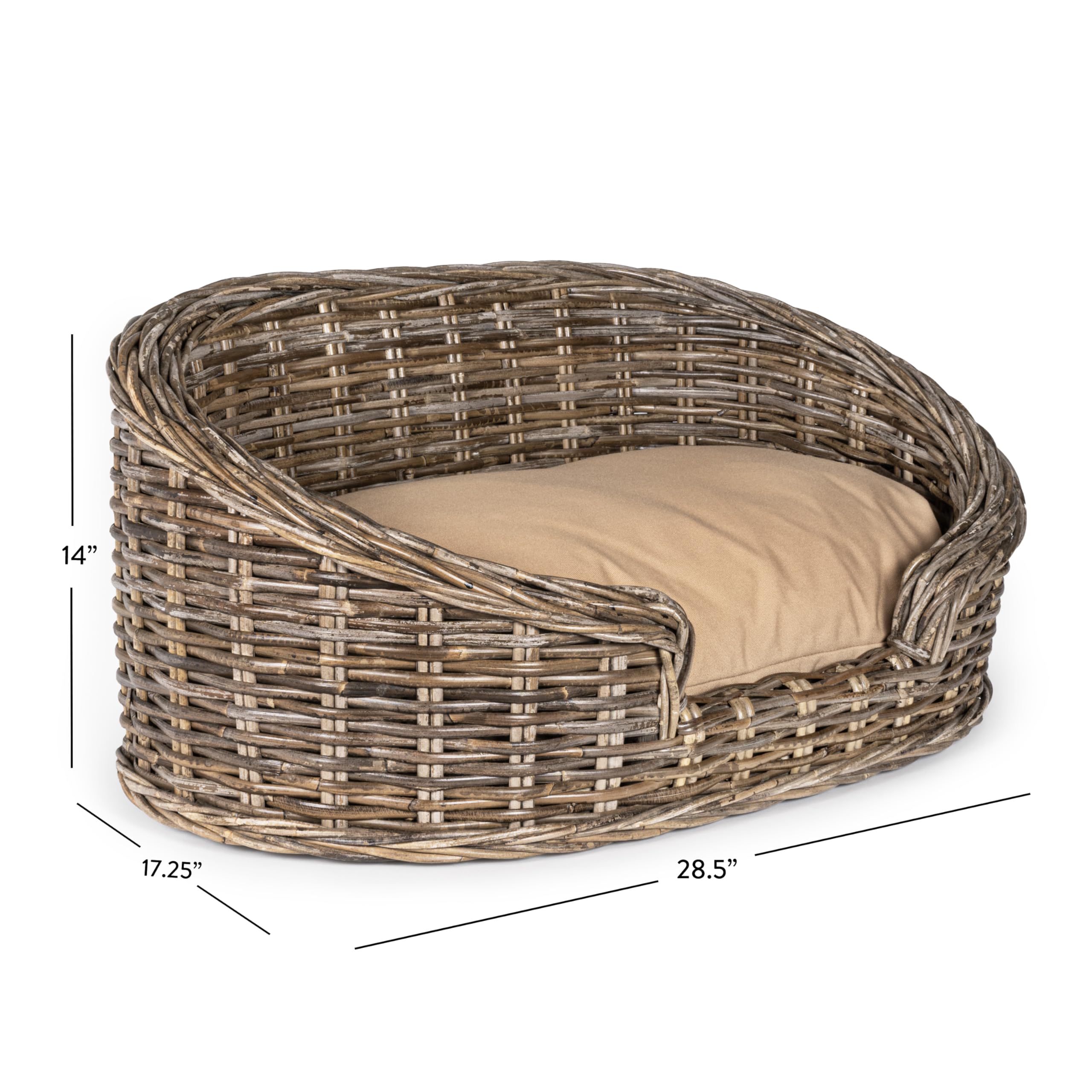 The LICKER Store DBD1000A Curvy 28.5 x 17.25 Classic Handwoven Rattan Dog Bed with Machine-Washable Cushion, Kubu Gray