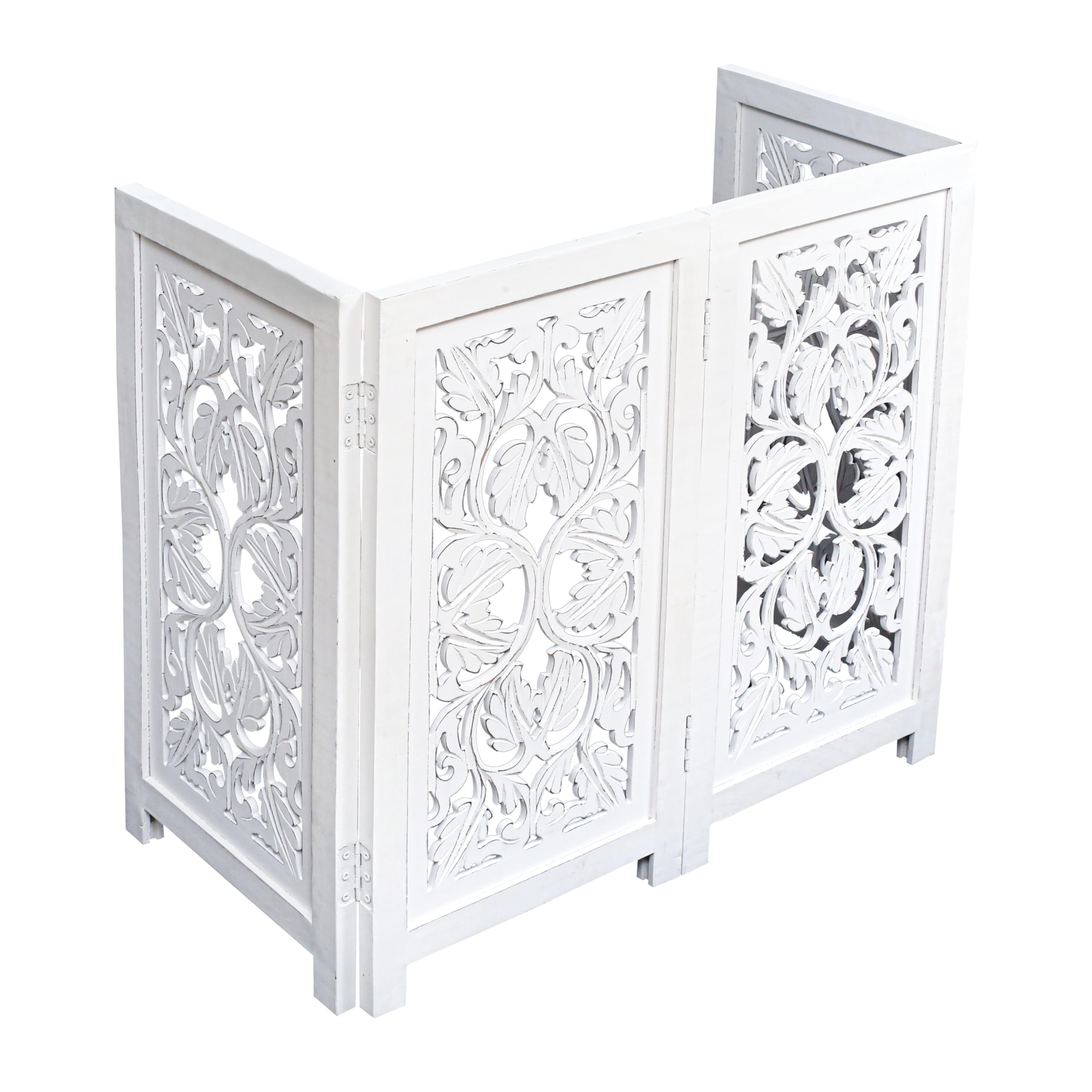Pet Dog Safety Gate - 4 Panels 56 Wx28 H Leaf Wooden Foldable - Hand Carved Solid Wood And Mdf - Free Standing Portable Indoor