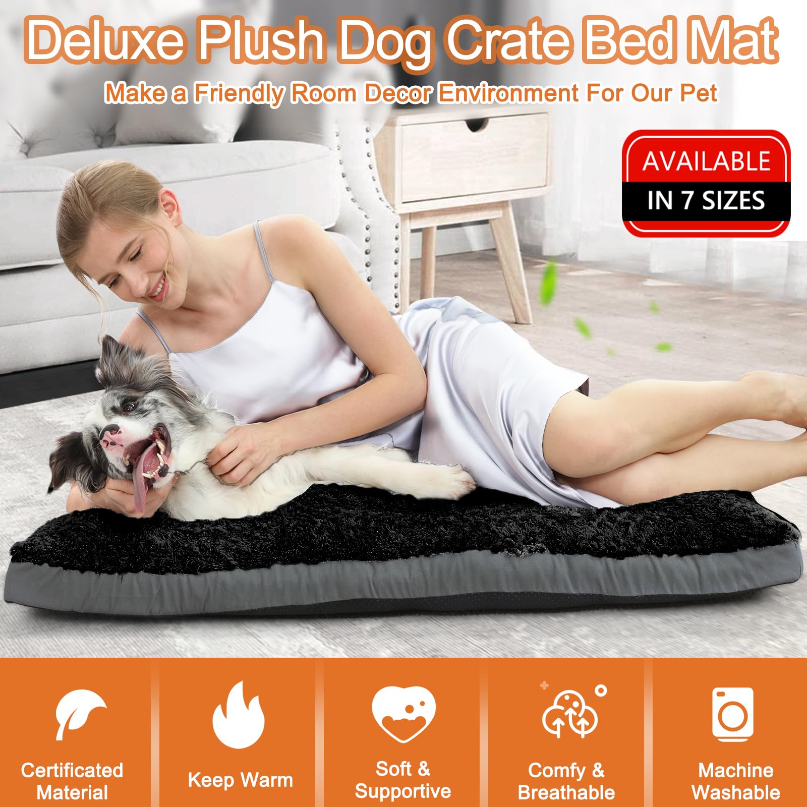 Pocblue Deluxe Washable Xxl Dog Bed Dog Crate Mat 48 Inch Comfy Fluffy Kennel Pad Anti-Slip For Dogs Up To 110 Lbs, 48' X 30', Black
