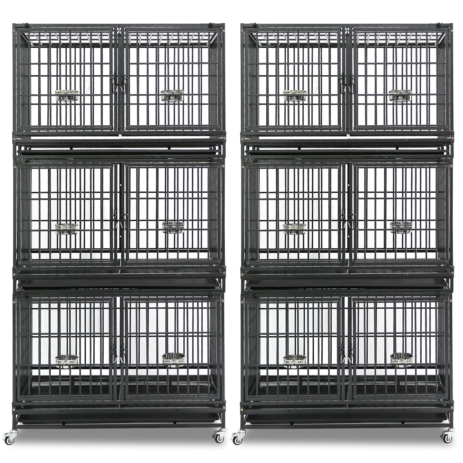 Homey Pet 2 Pack Three Tiers 43 inch Stackable Heavy Duty Dog Crate with Wheels, Indestructible Steel Dog Cage Kennel Indoor wit