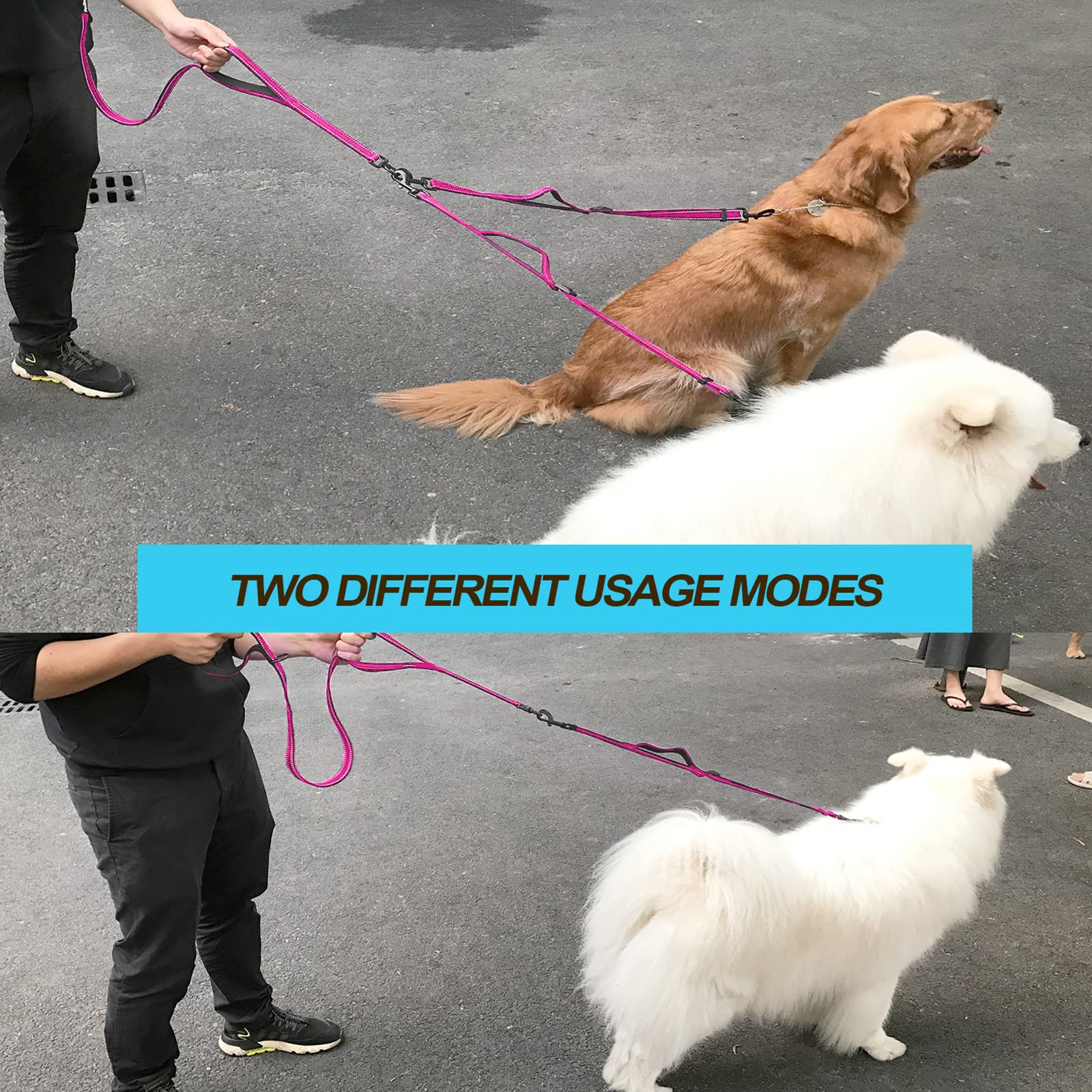 Petbonus Double Dog Leash, No Tangle Dual Dog Leash, Reflective Walking Training Leash, 4 Comfortable Padded Handles For 2 Dogs With Collapsible Bowl And Waste Bags Dispenser (Pink, Large)