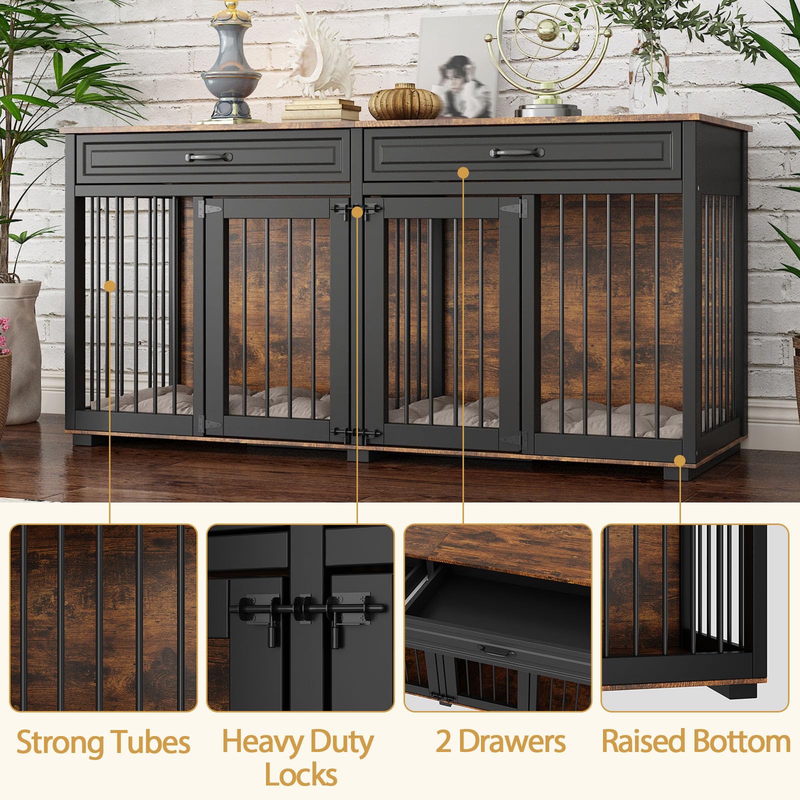 DAWNSPACES Furniture Style Dog Crate Extra Large 93  Heavy Duty Double Rooms Dog Kennel with Drawers & Removable Divider, Indoor